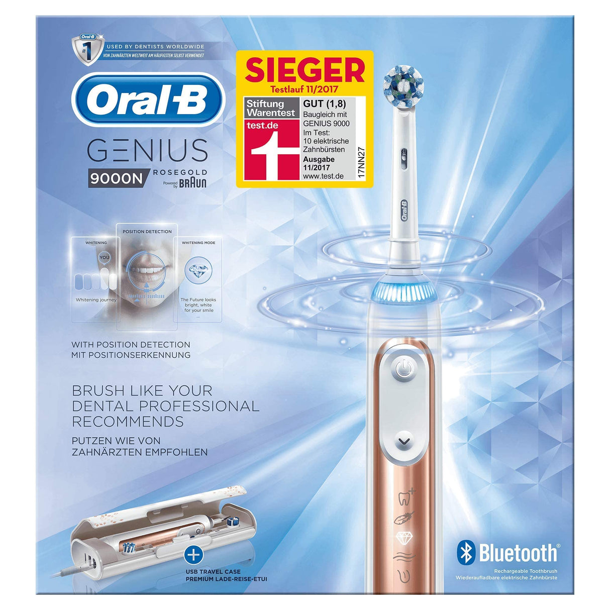 Oral-B Genius 9000 - Cepillo de dientes eléctrico, SmartRing, 6 modos, Bluetooth, 4 cabezales, estuche con USB, color oro rosa