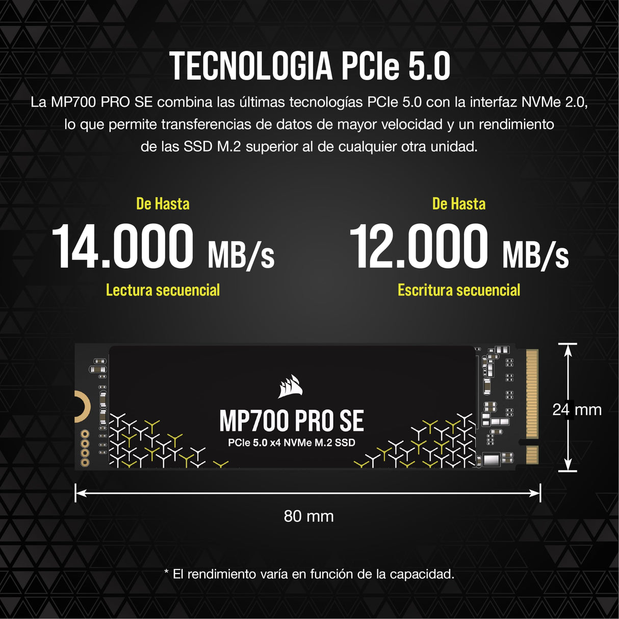Corsair MP700 Pro SE 4 TB M.2 PCIe Gen5 x4 NVMe 2.0 SSD – M.2 2280 – hasta 14.000 MB/s Velocidad de Lectura Secuencial – TLC NAND de Alta Densidad – Negro