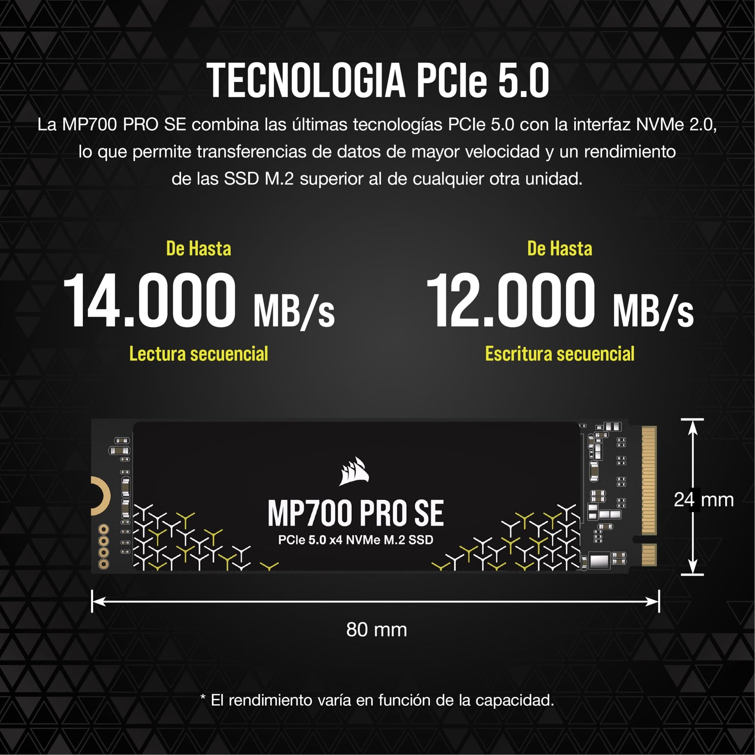 Corsair MP700 Pro SE 4 TB M.2 PCIe Gen5 x4 NVMe 2.0 SSD – M.2 2280 – hasta 14.000 MB/s Velocidad de Lectura Secuencial – TLC NAND de Alta Densidad – Negro