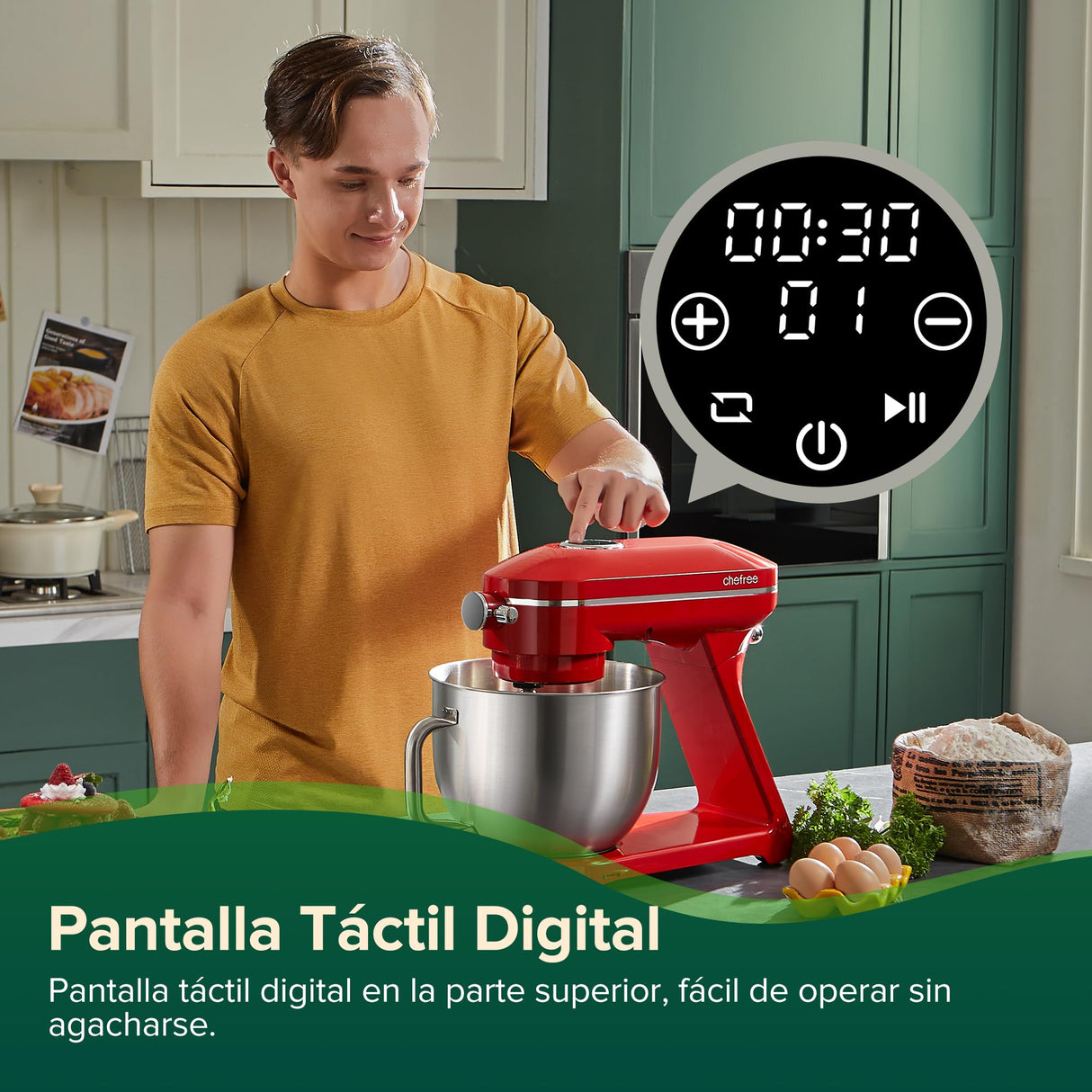 CHEFREE Batidora Amasadora Multifunción 1800W, 10 Velocidades de Rotación Planetaria, Robot Cocina con Bol de 7L, Gancho de Repostería, Batidor, Mezclador, Cuerpo de Metal, Rojo, M500