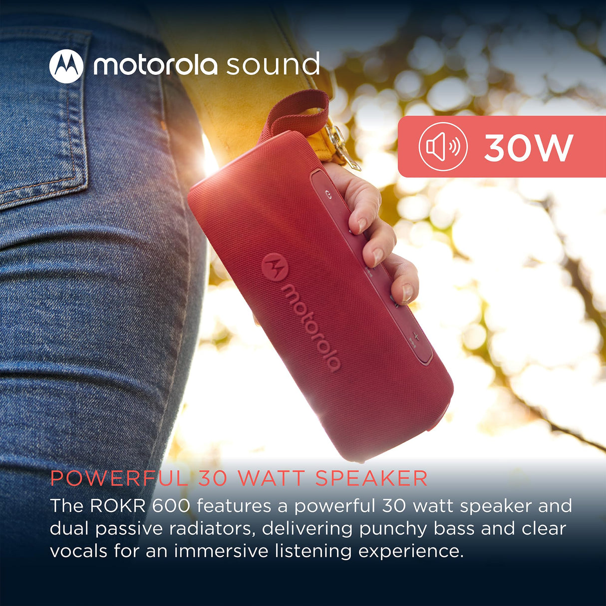 Motorola Sound - Altavoz Inalámbrico Bluetooth ROKR 600 - Potente Sonido de 30W, Resistente al Agua y Polvo, Función Broadcast para Conectar 20+ Altavoces, 6 Horas de Reproducción, Rojo