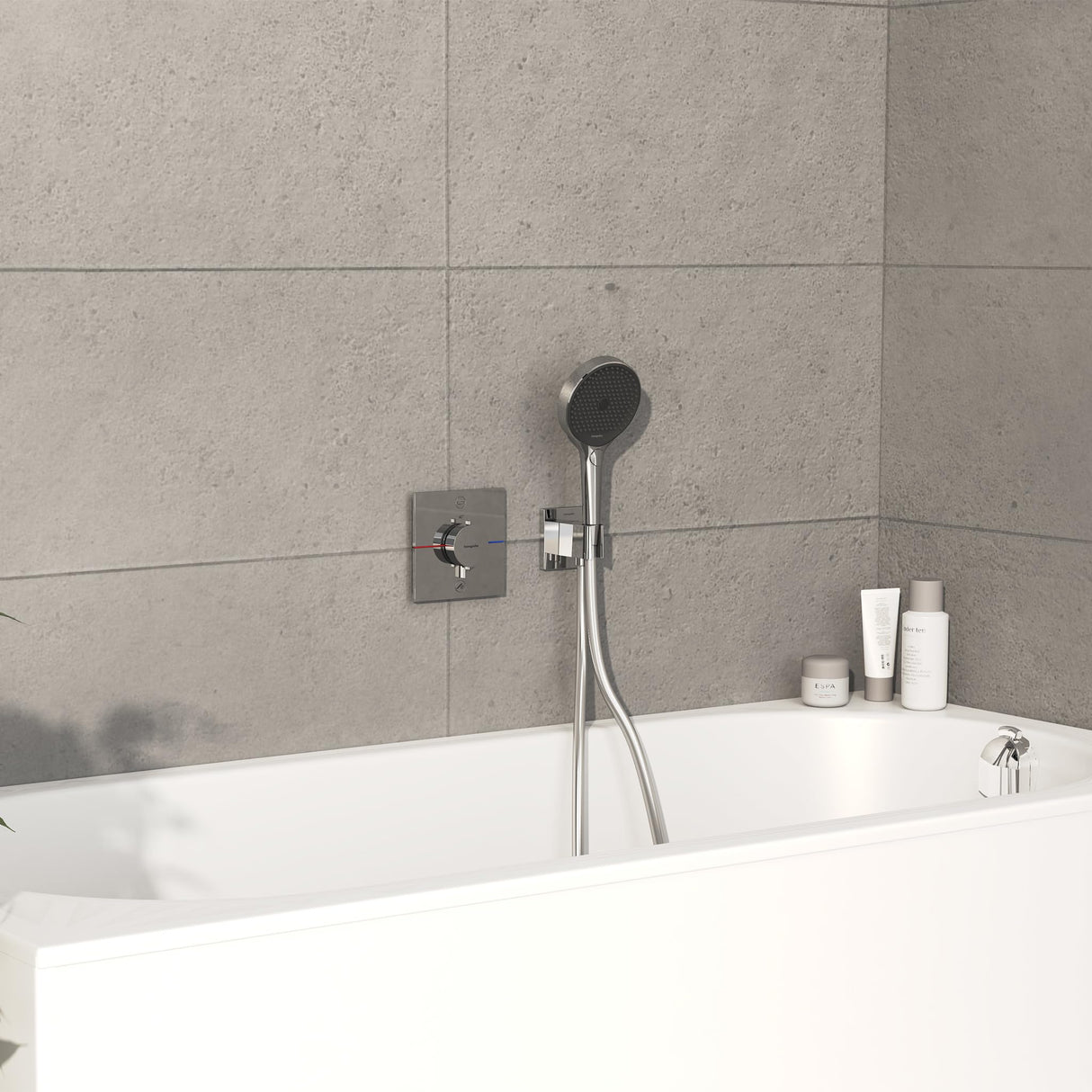 hansgrohe ShowerSelect Comfort E, termostato empotrado , grifo con botón de seguridad (SafetyStop) a 40 °C, termostato rectangular para ducha y bañera, mezclador para 2 funciones, cromo