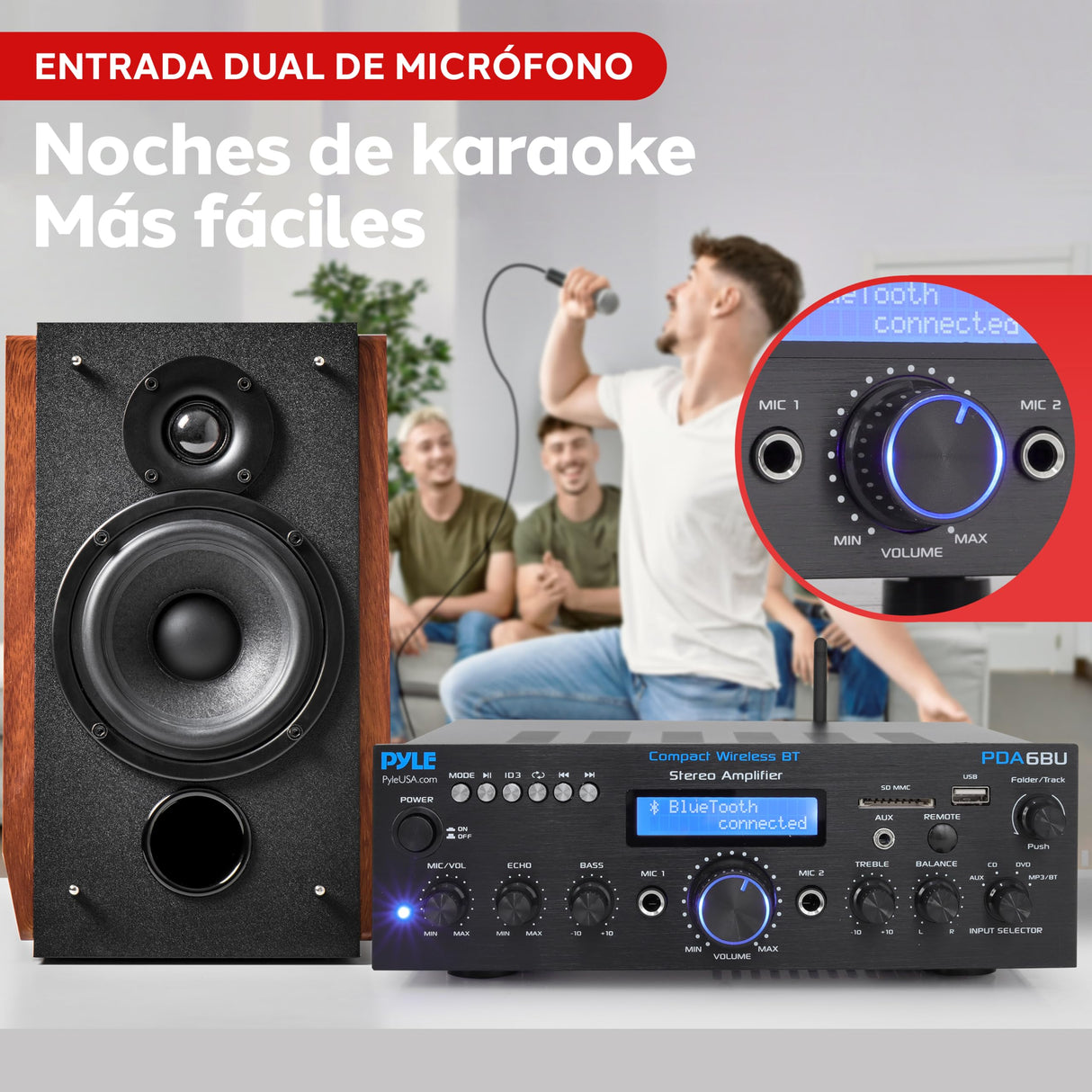 Pyle Sistema Amplificador de Potencia de Audio, Inalambrico, Estereo, Potencia Maxima de 200V, USB, SD, AUX, Entrada de microfono para Karaoke, Radio, Pantalla LCD, RCA