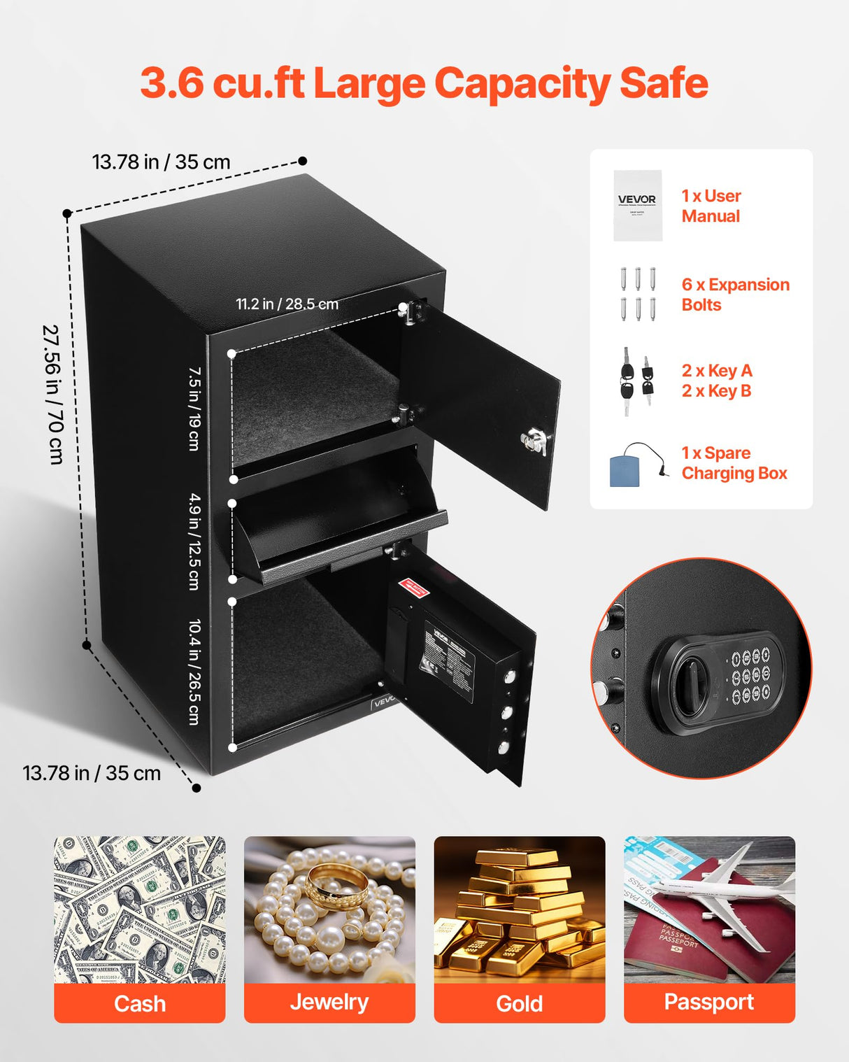 VEVOR Caja Fuerte de 102 L, Caja de Seguridad Electrónica 3 Niveles 35 x 35 x 70 cm con Ranura Frontal, Teclado Digital y Llaves de Repuesto, para Efectivo, Joyas, Documentos y Facturas, Negro