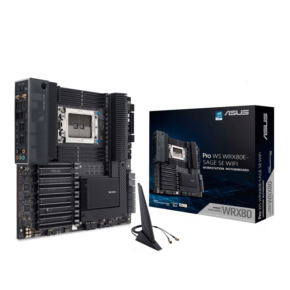 ASUS Pro WS WRX80E-SAGE SE WiFi AMD Threadripper Pro EATX Placa Base (PCIe 4.0, ASMB9-iKVM, 2x10GB LAN, 7xPCIe 4.0 X16, 3xM.2, 2xU.2, 11 Puertos USB 3.2 Gen 2, 8 Canales DDR4 ECC)