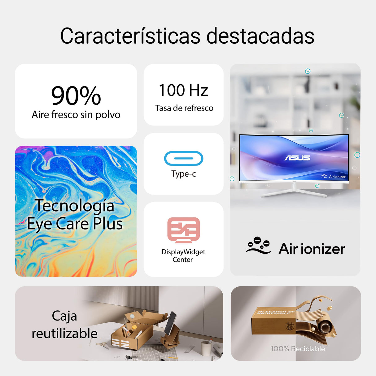 ASUS VU279HFI-W Monitor Eye Care de 27 Pulgadas, Full HD 1920 x 1080, IPS, 100 Hz, SmoothMotion, Adaptive Sync, ionizador de Aire, tecnología Eye Care Plus, Filtro de luz Azul, antiparpadeo
