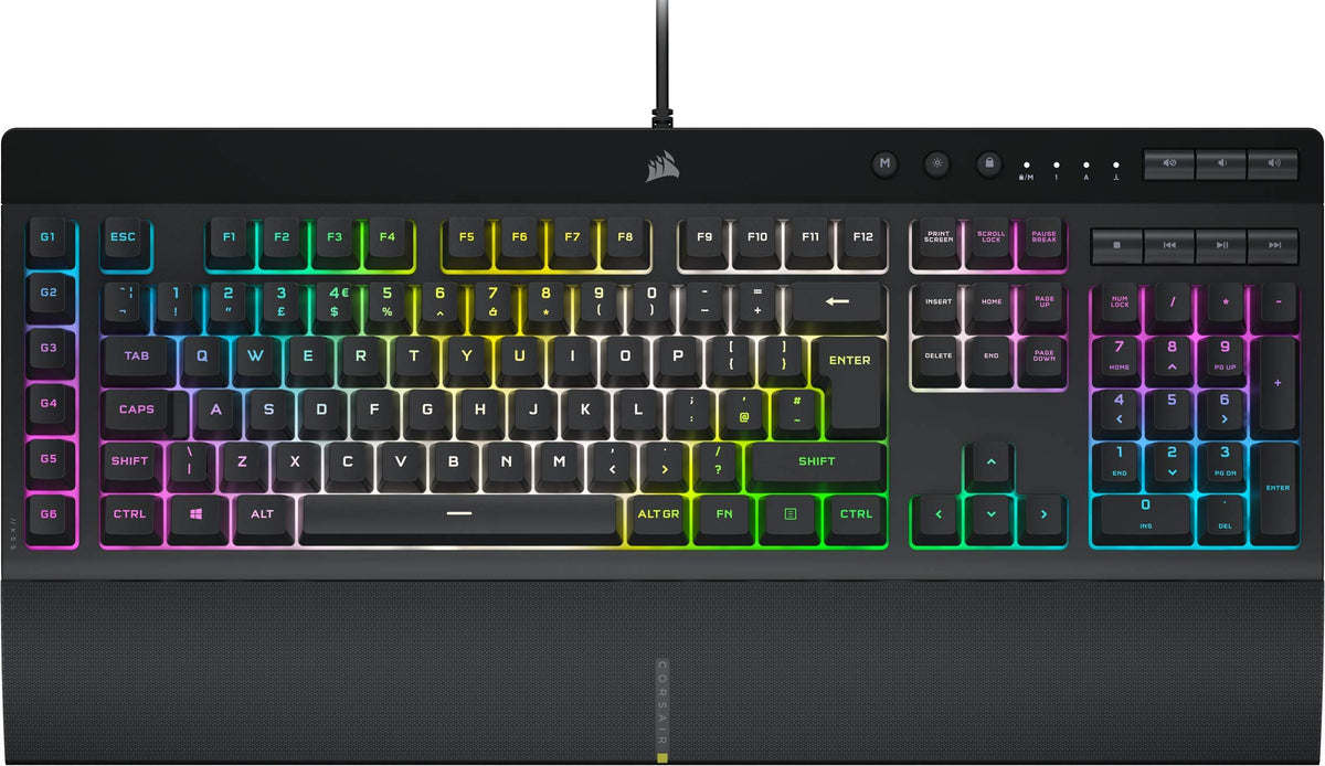 CORSAIR K55 RGB PRO XT Membrana Teclado para juegos con cable, IP42, resistente al polvo y a derrames, 6 teclas macro con integración Elgato, compatible con iCUE, QWERTY UK, PC, Mac, Xbox, color negro