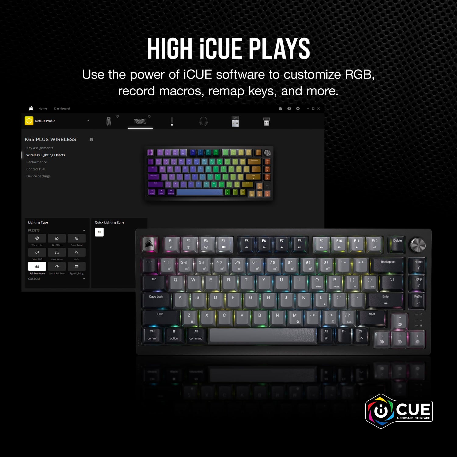 Corsair K65 Plus Wireless 75% RGB Teclado mecánico para Juegos Intercambiable en Caliente - Interruptores lineales Rojos MLX prelubricados - Supresión de Ruido de Doble Capa - Teclas PBT -