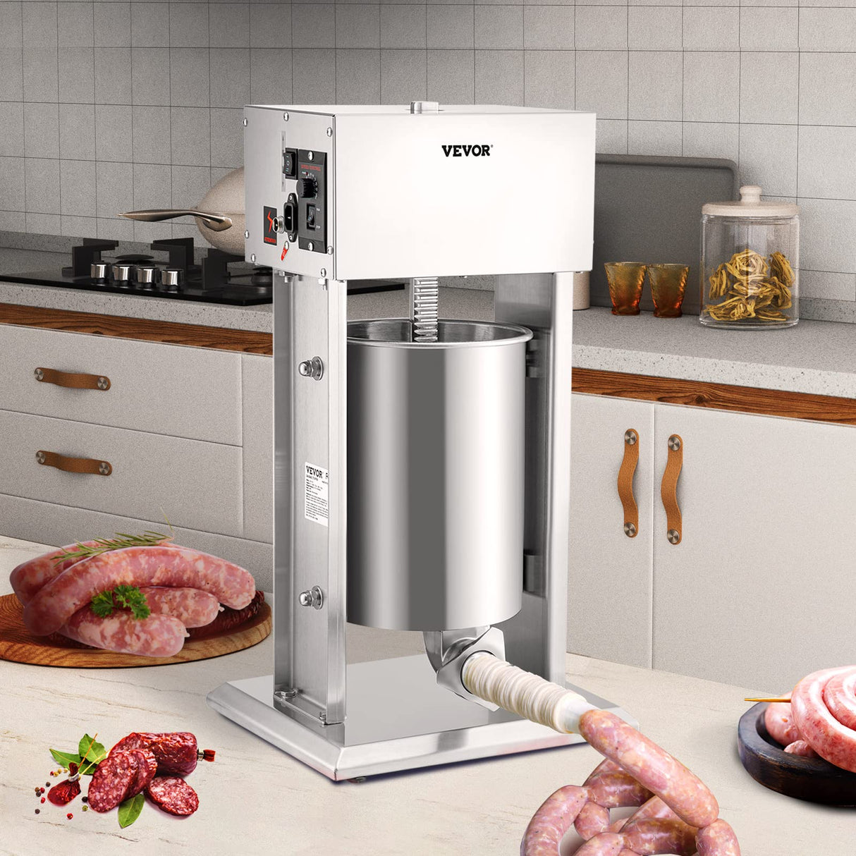VEVOR Embutidora de Salchichas Electrico de Acero Inoxidable 10L,Máquina de Salchichas Embutidos Electrico 200W, Máquina para Hacer Salchichas con 4 Tubos para Salchichas