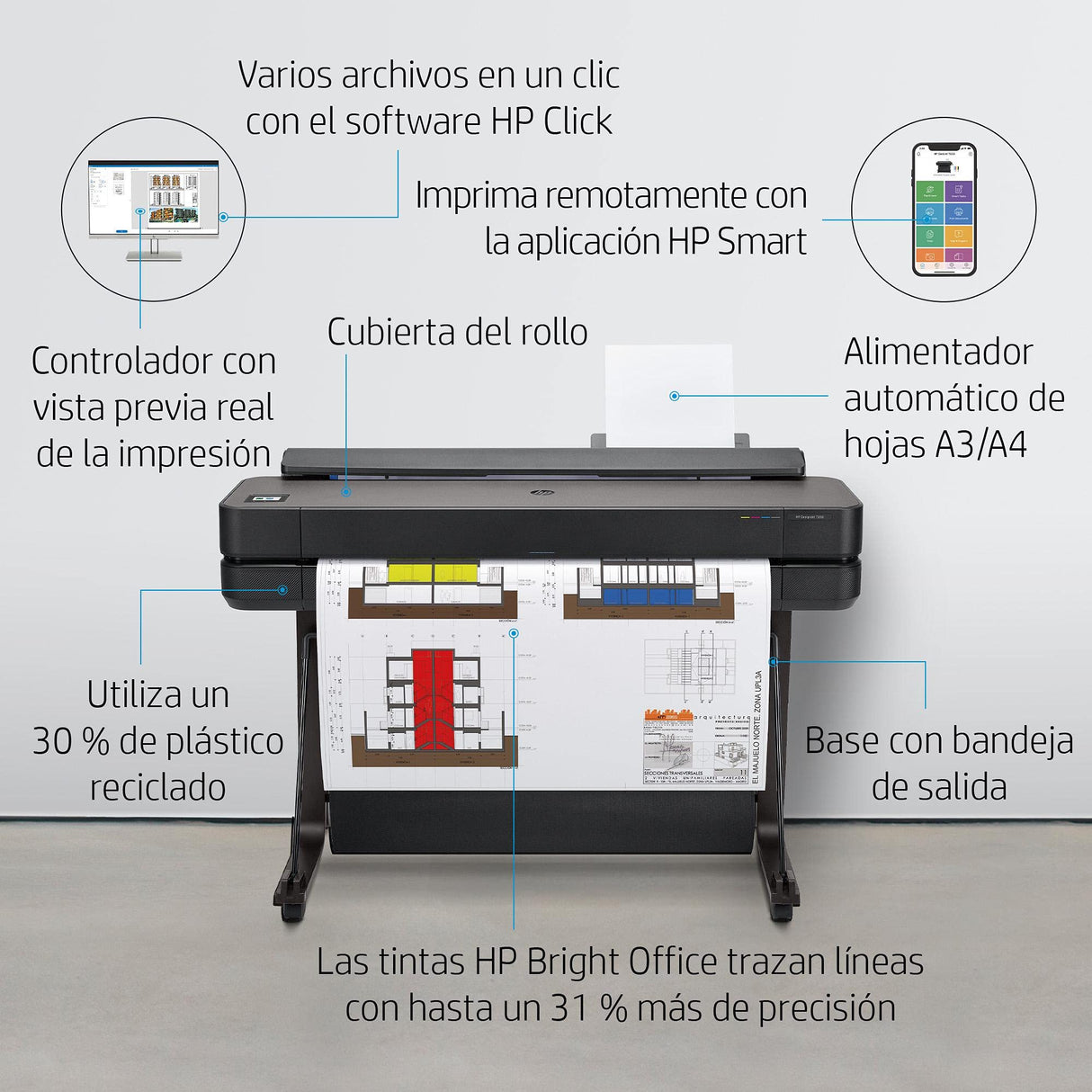 Impresora Plotter de Gran Formato HP DesignJet T630, de 24 pulgadas, hasta A1, Impresión Móvil, Wi-Fi, Gigabit Ethernet, USB 2.0 de alta velocidad, Garantía de 1 año (5HB09A)