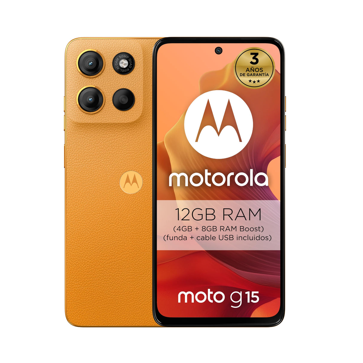 Motorola Moto g15 12GB (4GB+8GB RAM Boost)/128GB Naranja, España, Pantalla de 6,72” FHD+, Sistema de cámaras de 50 MP y Objetivo Ultra Gran Angular, Batería 5200 mAh, Carga TurboPower, Soft Luxe