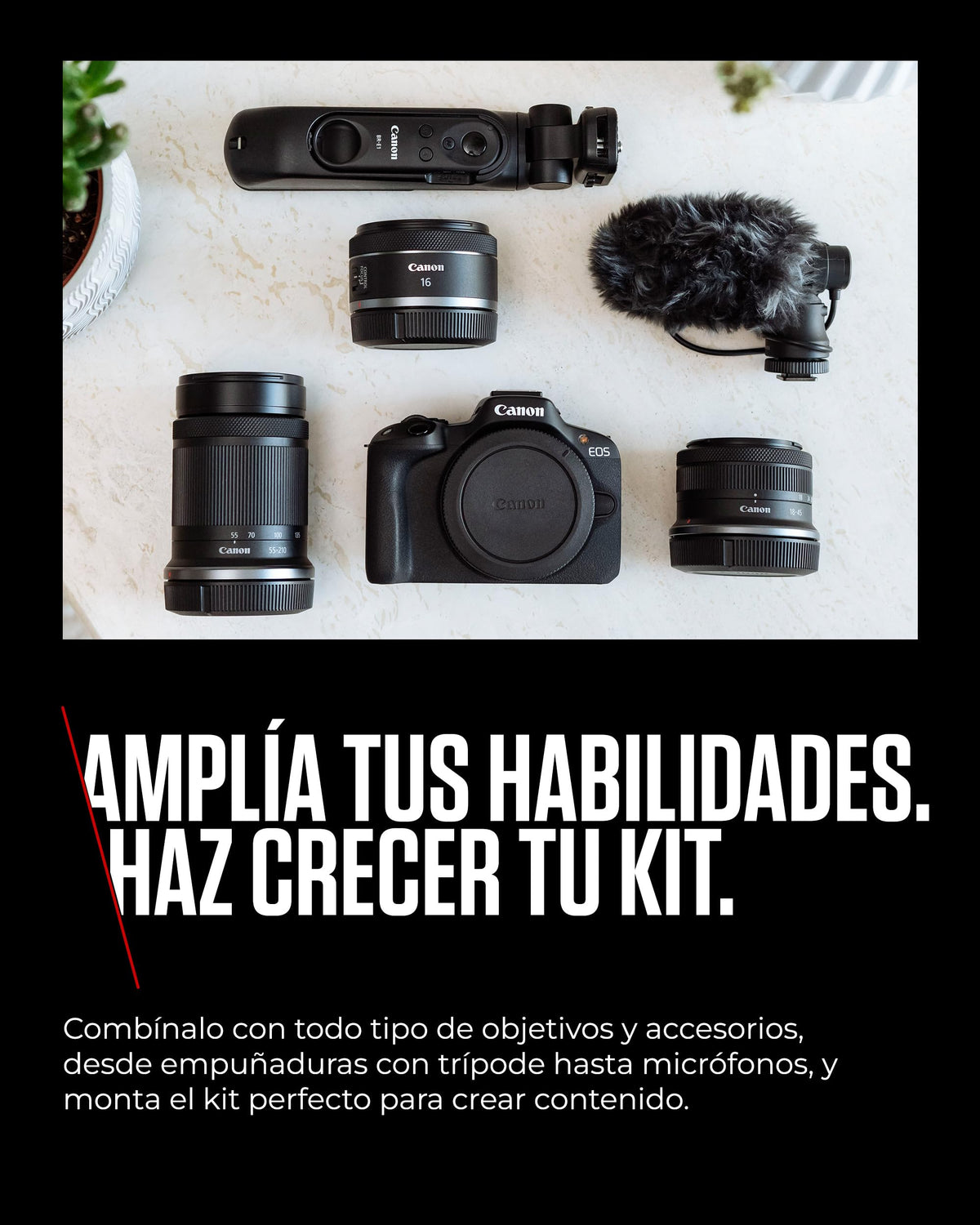 Canon EOS R50 Cuerpo Cámara Mirrorless + Objetivo RF-S 18-45 mm F4.5-6.3 IS STM + 2X Baterías (Kit de Batería Adicional), Cámara Evil APS-C (24,2 MP) -4 EV, Vídeo 4K 30 fps, Dual Pixel CMOS AF II