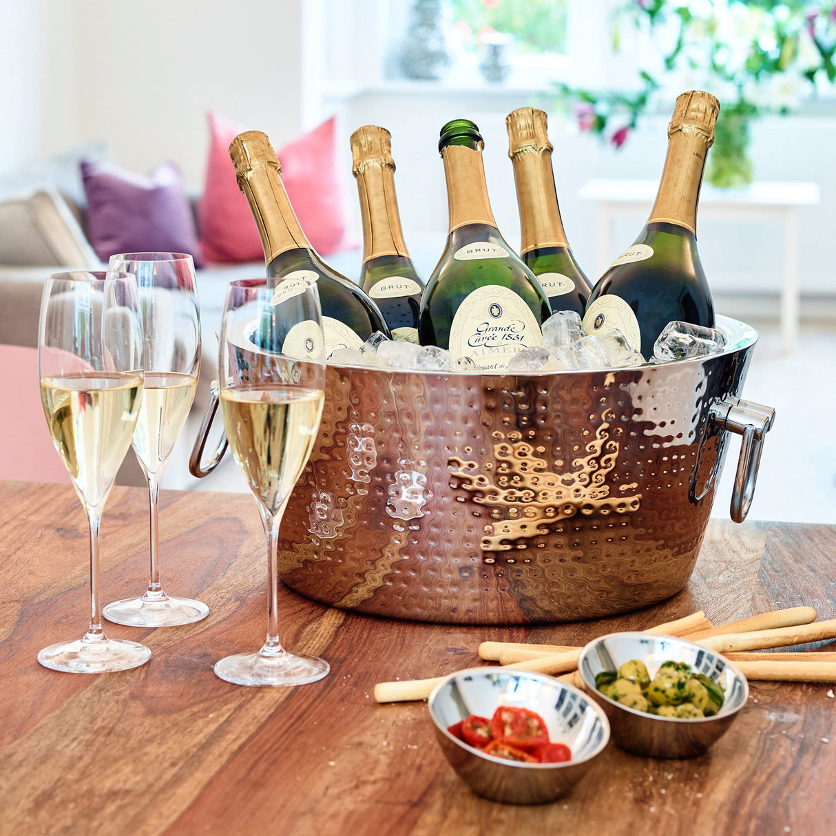 EDZARD Champagne Cooler Ontario para 5 botellas, con asas, acero inoxidable pulido de alto brillo, doble pared, exterior martillado, diámetro 38 cm, altura 18 cm