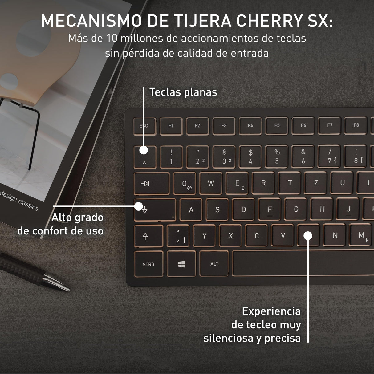 CHERRY DW 9100 SLIM, Pack de Teclado y Ratón Inalámbricos, Distribución de Teclado Europeo (QWERTY), Bluetooth y Radiofrecuencia de 2,4 GHz, Teclas Silenciosas, Recargable, Negro/Bronce