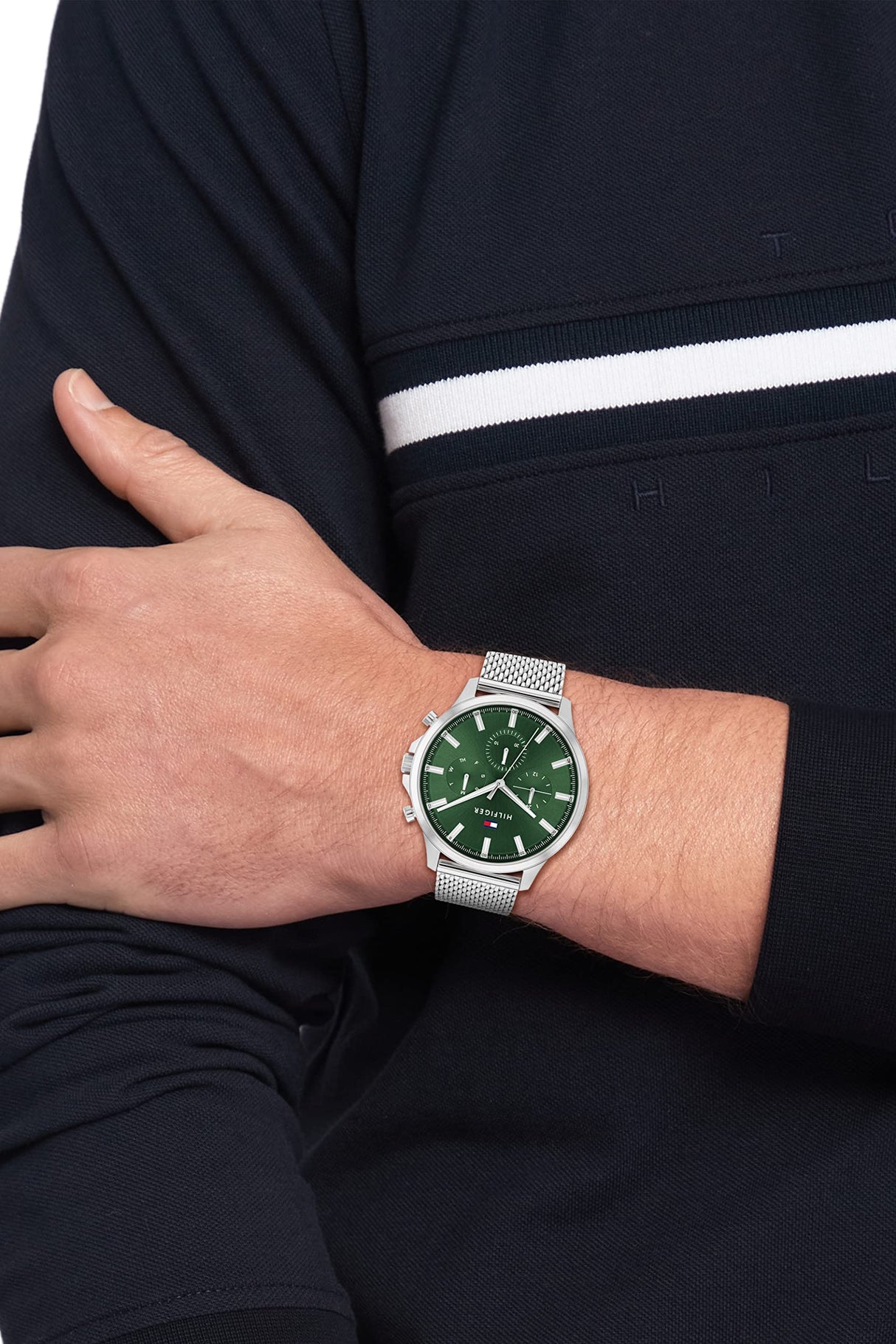 Tommy Hilfiger Reloj Analógico de Cuarzo Multifunción para Hombre con Correa de Malla de Acero Inoxidable Plateada - 1710499