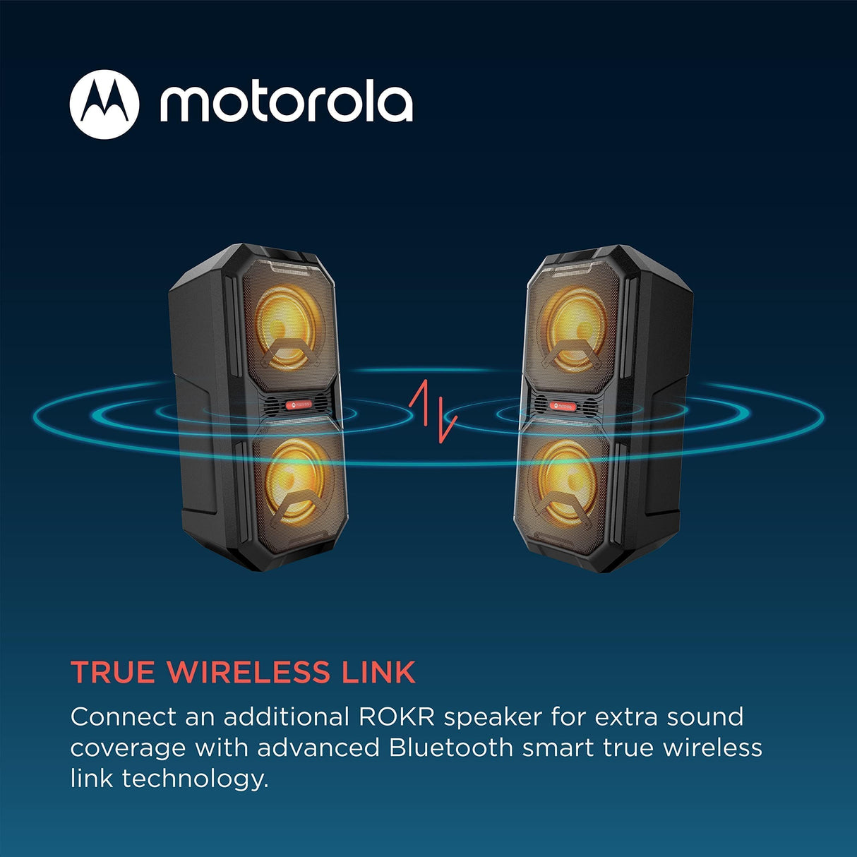 Motorola Sound ROKR820 - Altavoz Bluetooth - 80W - inalámbrico - con luces LED-tecnología true wireless - incluye micrófono de karaoke - hasta 20 horas de reproducción-múltiples entradas: AUX/USB/MIC