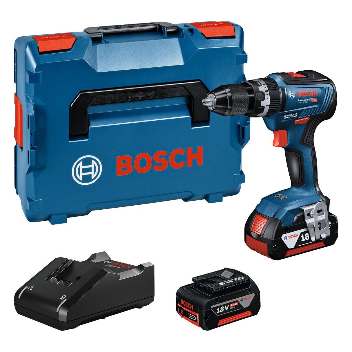 Bosch Professional 18V System GSB 18V-55 - Taladro percutor a batería (Brushless, 55 Nm, 2 baterías x 4.0 Ah, en L-BOXX)