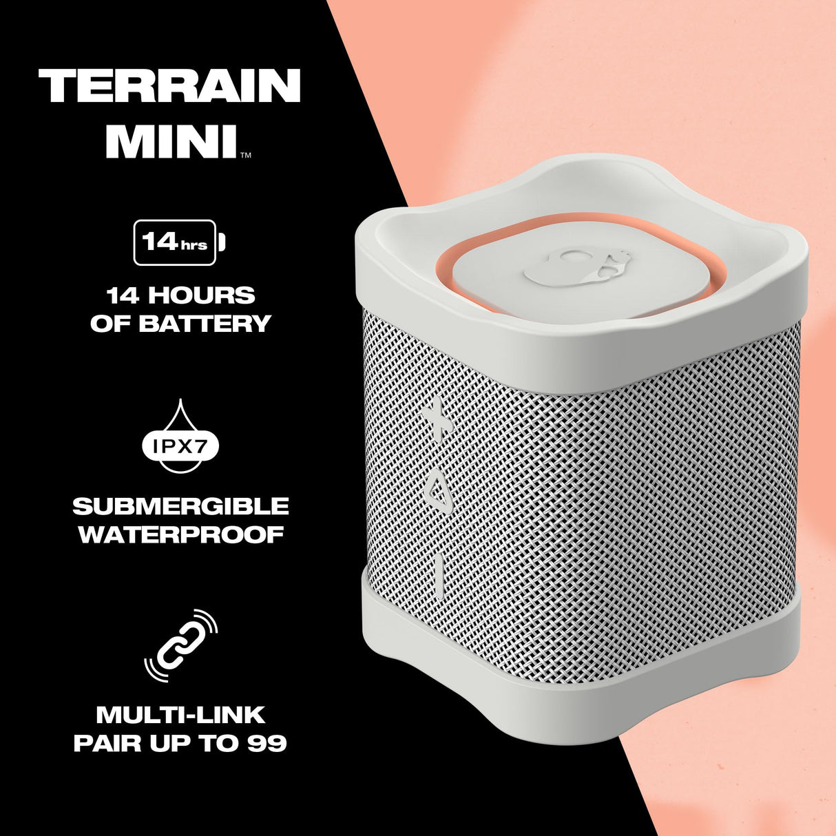 Skullcandy Terrain Mini Altavoz Portátil Inalámbrico con Bluetooth, Impermeabilidad IPX7, 14 Horas de Batería, True Wireless Stereo y Correa Integrada para Viajes y Uso en Exteriores - Hueso/Naranja