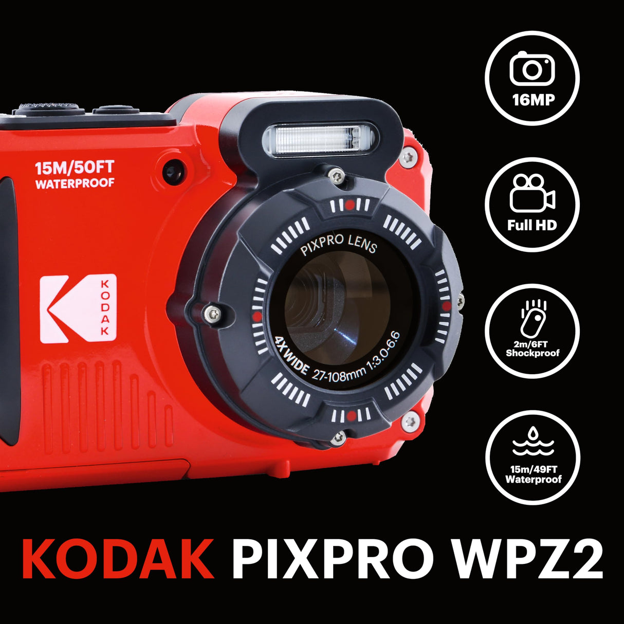 KODAK Pixpro Pack WPZ2 + 2 baterías + 1 Tarjeta SD - Compact 16M Pixels, Impermeable a 15 m, antigolpes, Video 720p, Pantalla LCD 2,7 - Batería de Li-Ion - Rojo