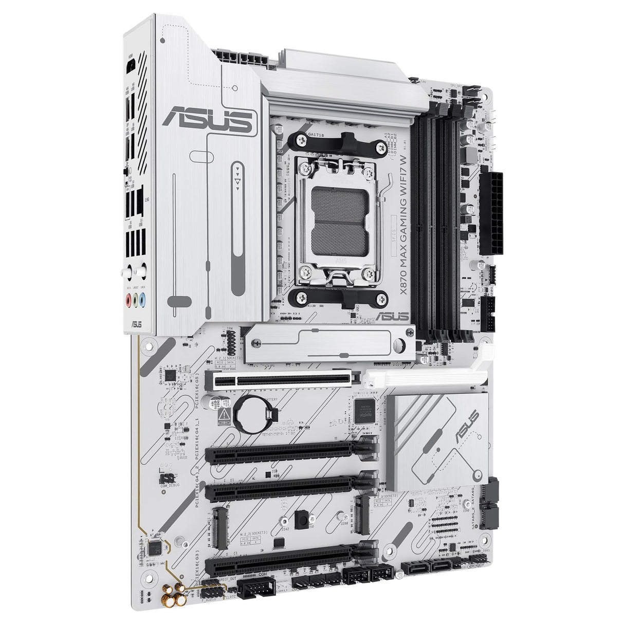 ASUS X870 MAX Gaming WIFI7 - Placa Base AMD X870 ATX, Blanco, 12+2+1 DrMOS, DDR5, PCIe 5.0, Q-Release, M.2, WiFi 7, WiFi Q Antenna, 2.5Gb Ethernet, HDMI, USB4, USB Tipo-C, BIOS Flashback, Aura Sync