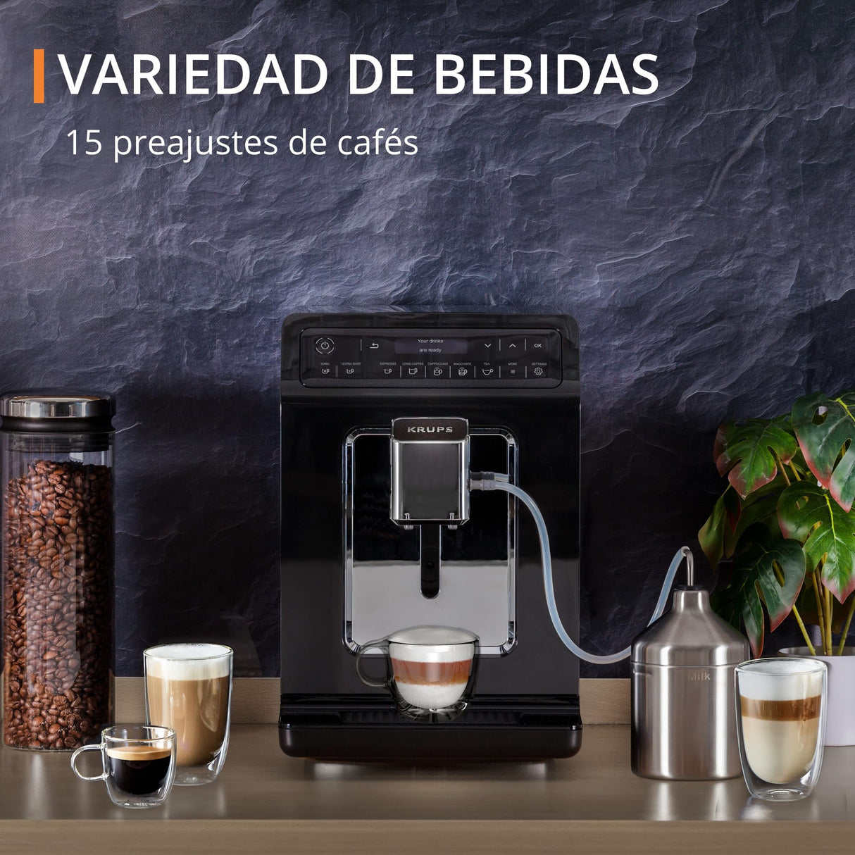 Krups Cafetera totalmente automática Evidence Evidence | Pantalla OLED con tecnología Barista Quattro Force | 12 cafés | 3 variaciones de té | capuchino con un toque | función para 2 tazas | negra