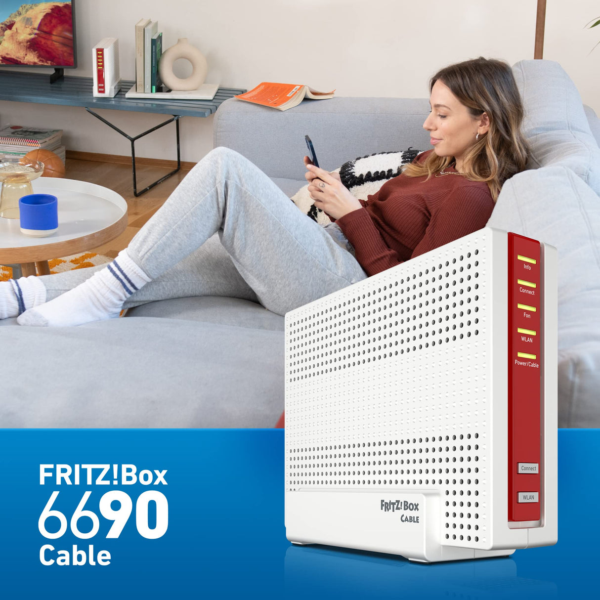 AVM ¡FRITZ! Cable Box 6690 (módem por cable DOCSIS 3.1, Wi-Fi 6 (WLAN AX) 4x4 con 4800 Mbps (5 GHz) + 1200 Mbps (2,4 GHz), 1 puerto LAN de 2,5 Gigabits, USB 3.0, DECT), blanco/rojo