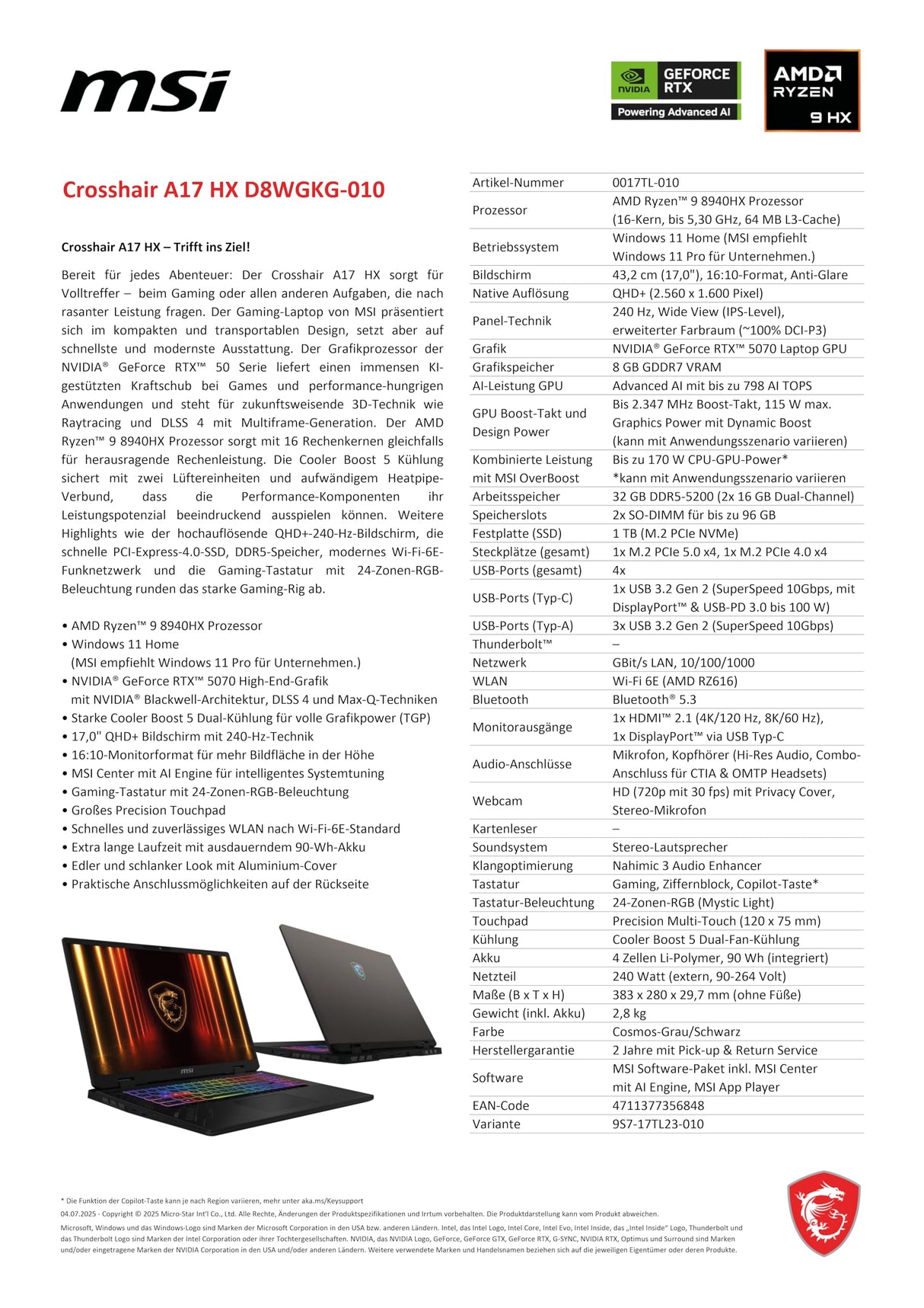 MSI Crosshair A17 HX, Gaming Laptop 17" QHD+ 240Hz Display, AMD Ryzen 9 8940HX, NVIDIA GeForce RTX 5070, 32 GB RAM, 1 TB SSD, Windows 11 Home, Teclado QWERTZ, Cosmos Gris, D8WGKG-010