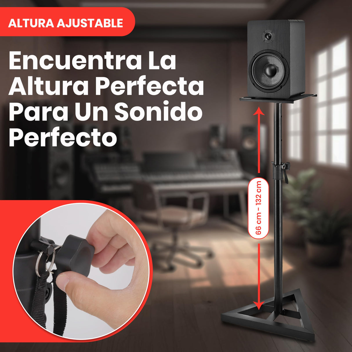 Pyle Soporte Altavoz Suelo, Base Triangular, pies para monitores de Estudio, Altura Ajustable de 26” a 52”. Color Negro. 1 par