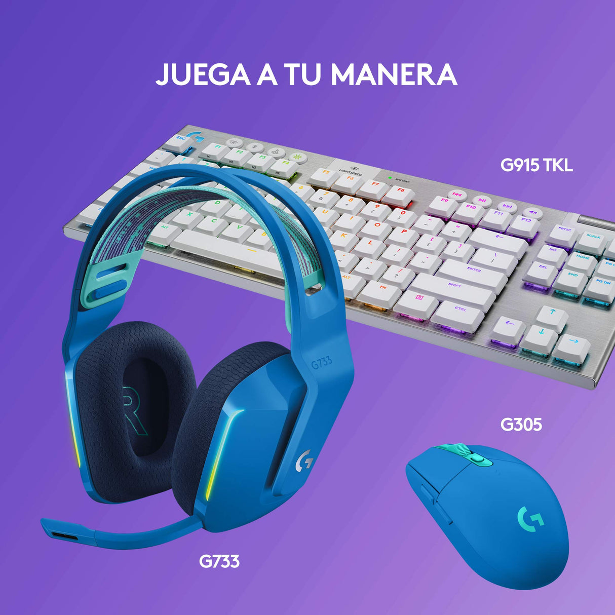 Logitech G733 LIGHTSPEED Auriculares con Micrófono Inalámbricos para Gaming con Diadema con Suspensión, LIGHTSYNC RGB, Tecnología de Micrófono Blue VO!CE, Ligeros, 29h de Batería, PC, PS4, PS5, Azul