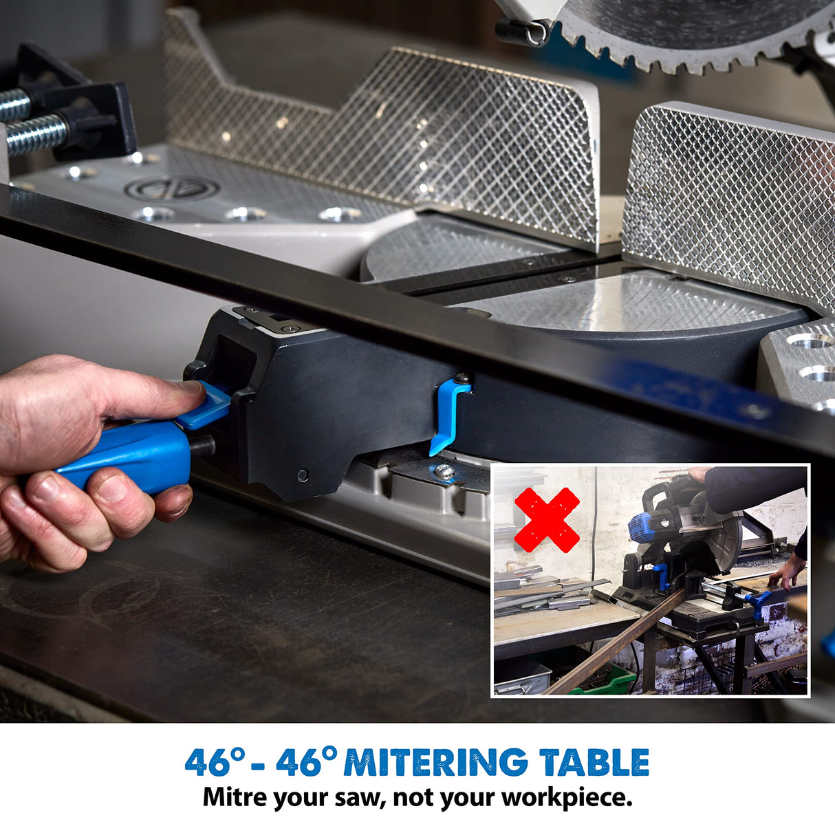 Evolution Power Tools S355MCS Sierra Tronzadora/Ingletadora | Sierra de Corte| Rango de inglete +/- 46˚ | 355 mm Sierra Ingletadora para corte de metal de 230 V en tareas pesadas
