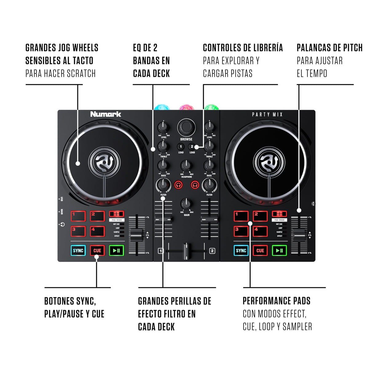Numark Party Mix II Controladora DJ, Mesa de Mezclas Con Luces Integradas, Mezclador DJ e Interfaz Audio, Con Serato DJ Lite