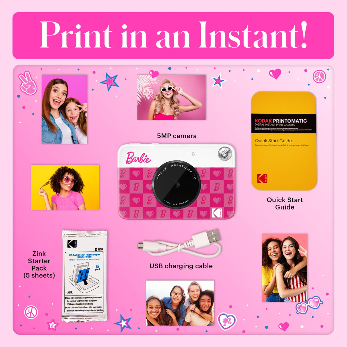 KODAK Barbie x Printomatic Cámara Digital a Color – Cámara Portátil Barbie 5MP Imprime Fotos Coloridas 2x3” Autoadhesivas – Estilo Icónico