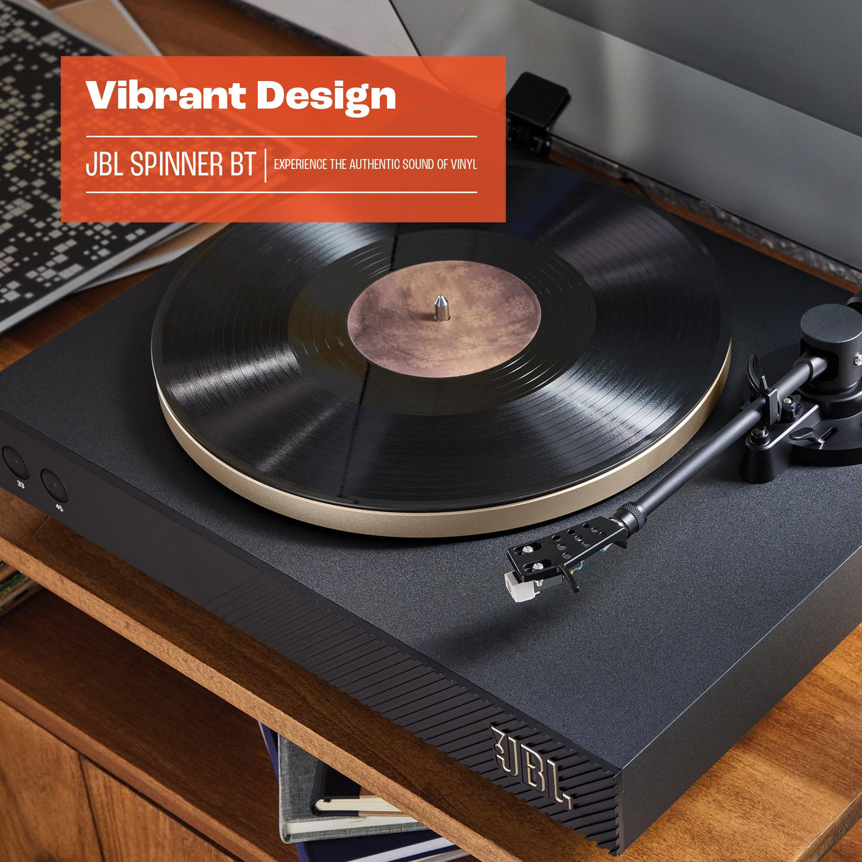 JBL Spinner BT, Tocadiscos Bluetooth con AptX-HD, cabezal extraíble, plato de aluminio y transmisión por correa, cartucho magnético móvil preinstalado, en negro y dorado