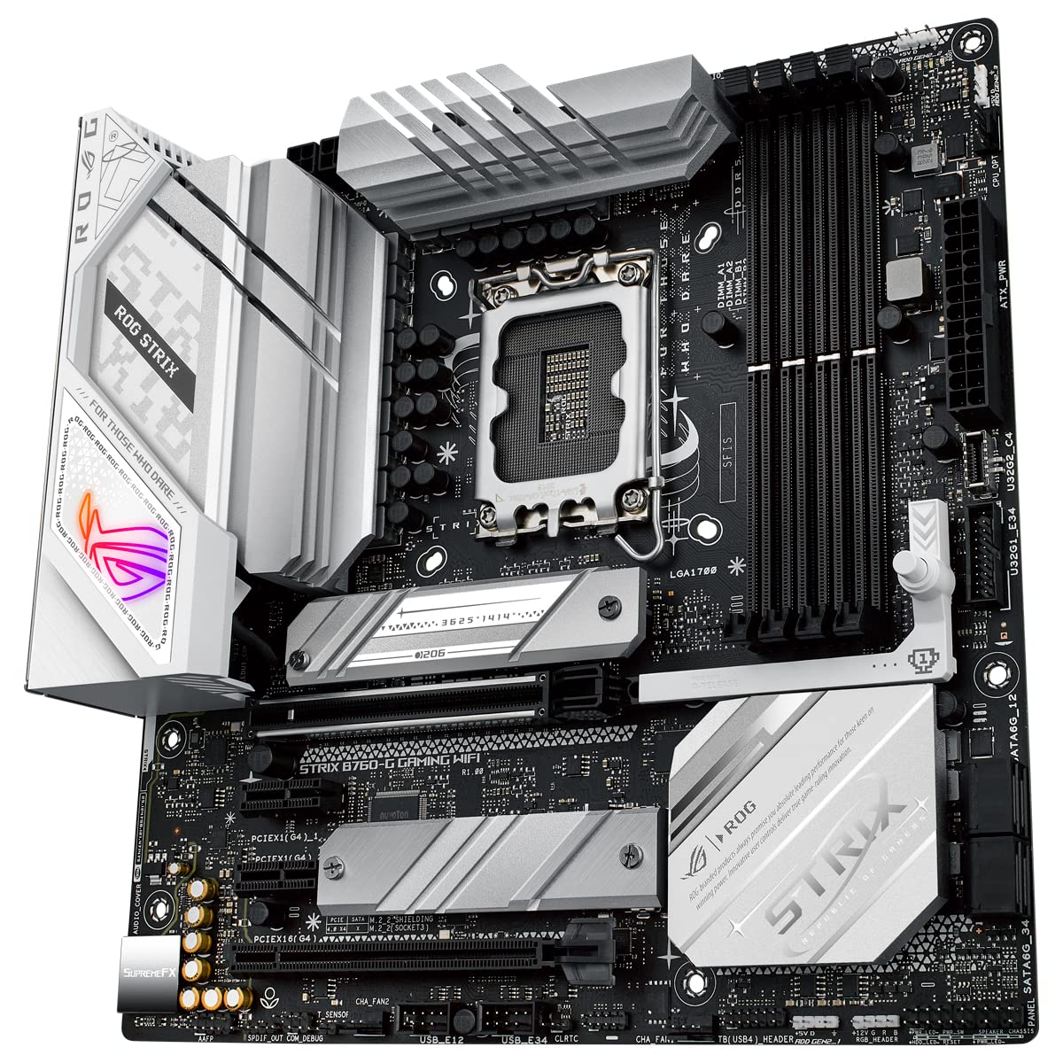 ROG Strix B760-G Gaming WiFi - Placa Base Intel B760 (LGA 1700) mATX Blanco con 12+1 DrMos, DDR5, PCIe 5.0, Q-Release, 2X PCIe 4.0 M.2, WiFi 6E, Ethernet 2,5G, USB 3.2 Gen 2x2 Tipo C, Aura Sync
