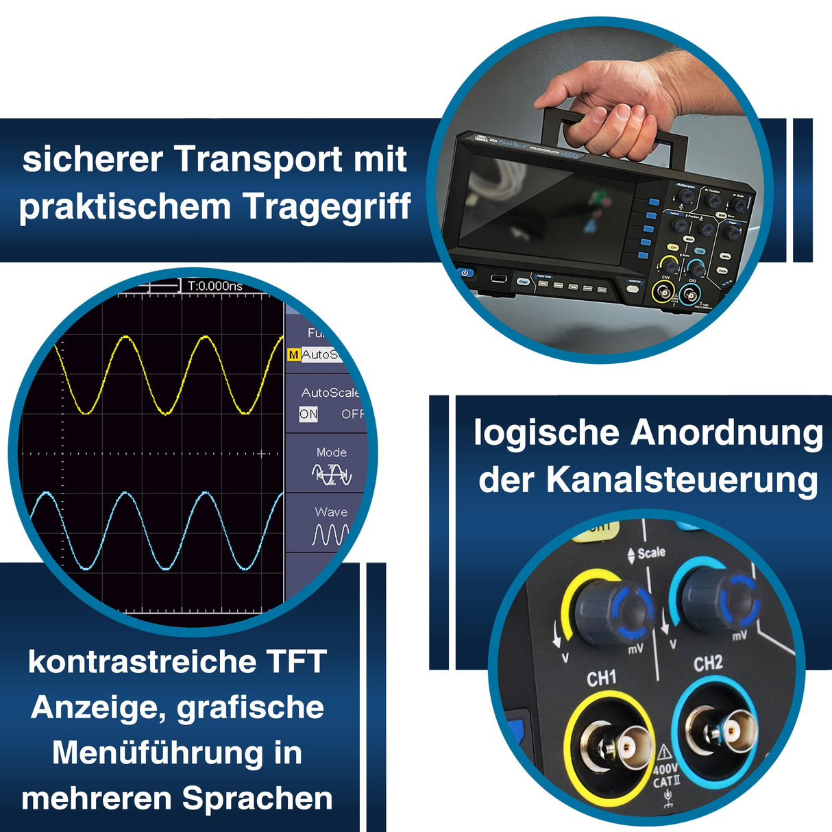 PeakTech, 1400, Osciloscopio digital compacto de 2 canales, Osciloscopio de 5 MHz de ancho de banda, velocidad de muestreo rápida de 100 MS/s, conexión USB, incluye software para PC