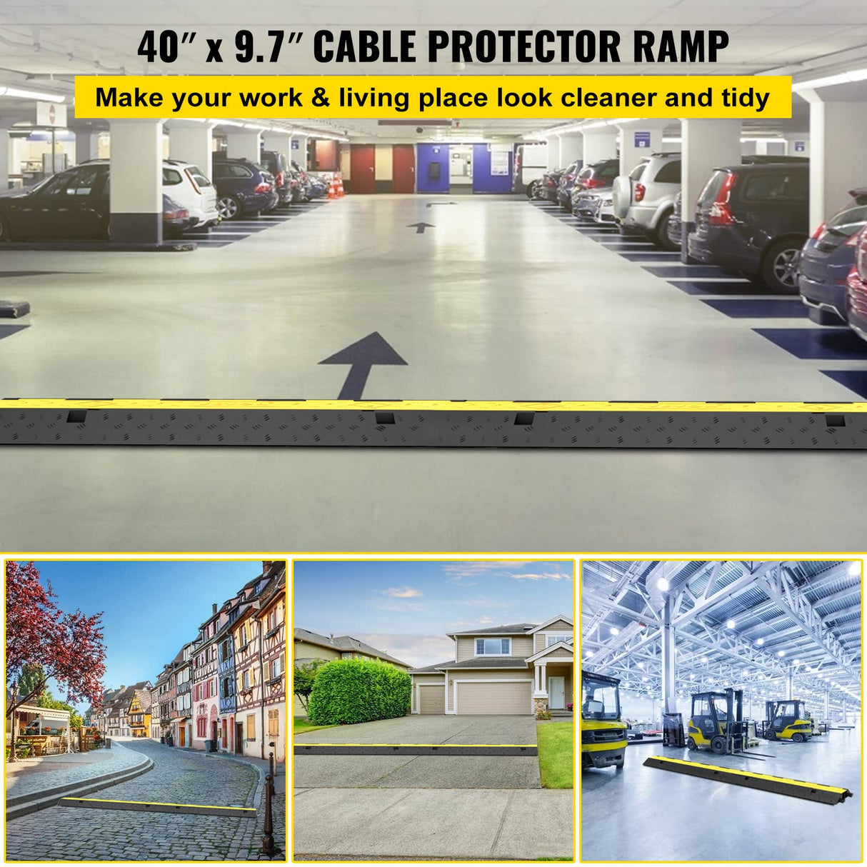 VEVOR Rampa de Protección de Cable 5 Piezas 2 Vías Canaleta Pasacables de Suelo 3,2x3,1cm Protector de Cables Caucho y PVC Capacidad de Carga 4,989kg Cubiertas de suelo para Cables Negro y Amarillo