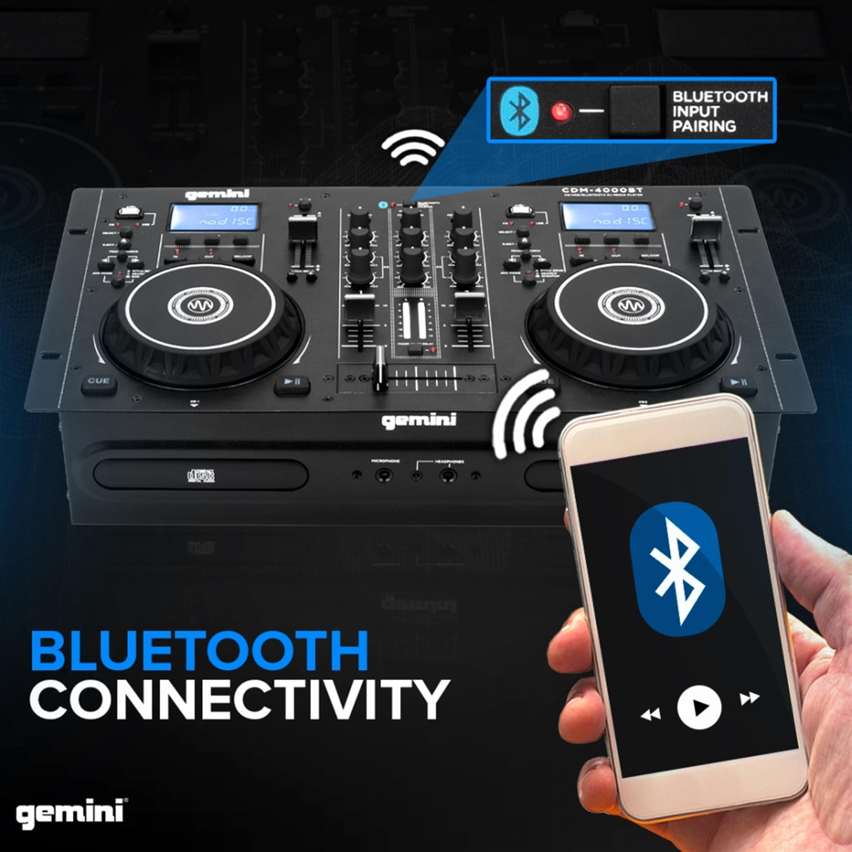 Gemini Sound CDM-4000BT Soporte solo Bluetooth Streaming Professional DJ DULA DULA MEDIA Player Mezclador CD / CDR USB Reproducción 2 Band Ecualizer Manual Bucle Sensible Sensitive Jog Wheels