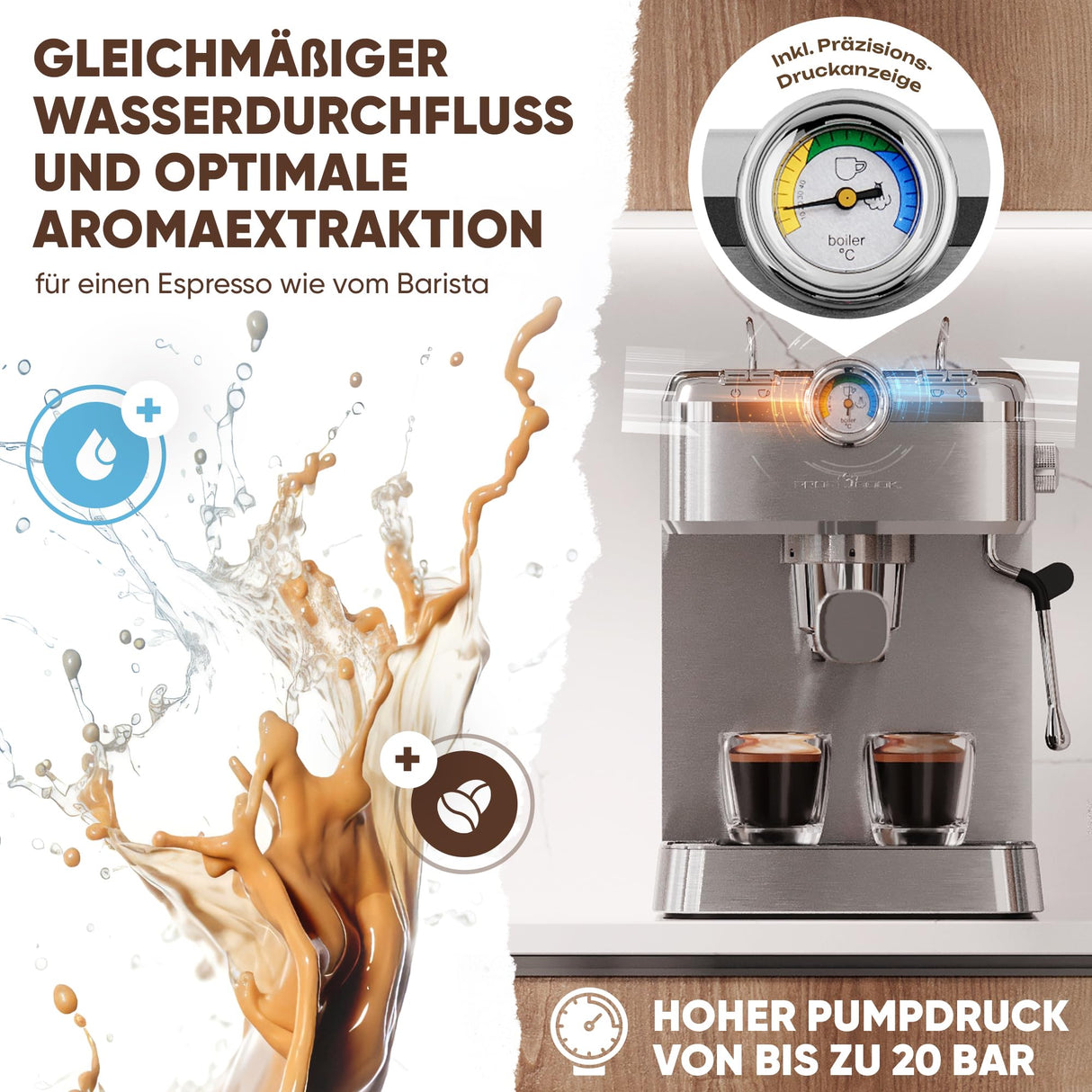 Cafetera espresso ProfiCook | cafetera espresso incl. portafiltro | bomba espresso italiana 20 bar | para café en polvo y cápsulas compatibles Nespresso | cafetera portafiltro | PC ES 1267