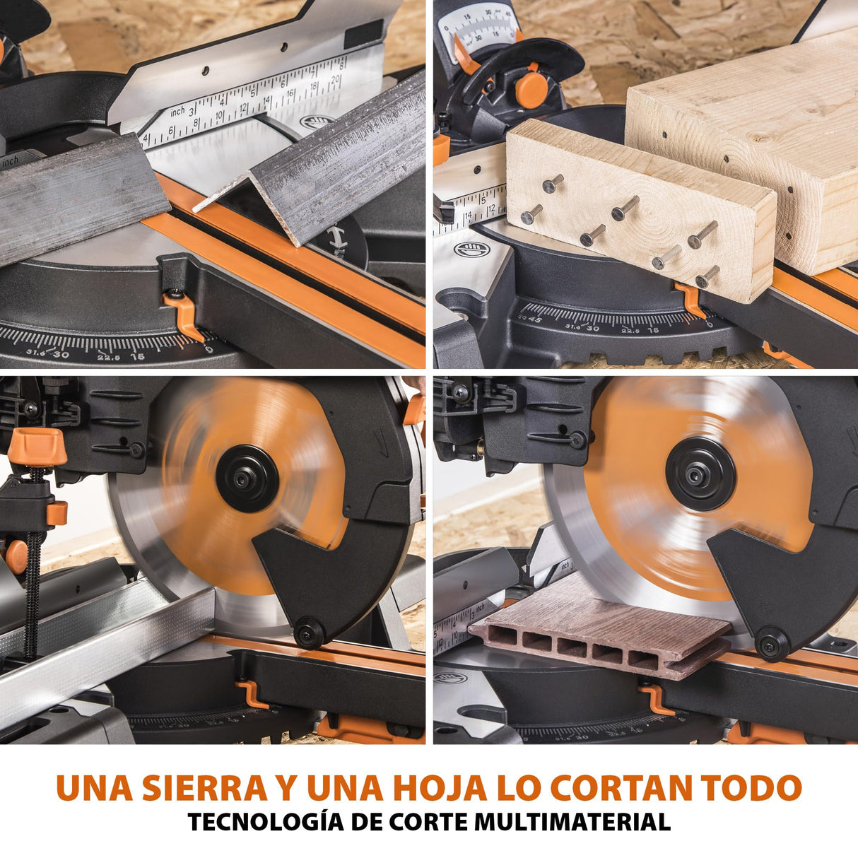 Evolution Power Tools R255SMS-DB ingletadora, Sierra ingletadora deslizante multimaterial de 255 mm, con doble bisel y paquete plus, hasta 300 mm x 90 mm, 5° a izquierda y derecha, inglete de 50°