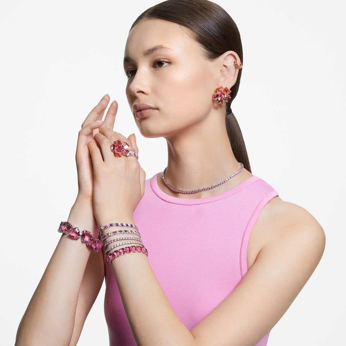Swarovski Anillo de cóctel Idyllia, Flor, Rosa, Baño tono oro