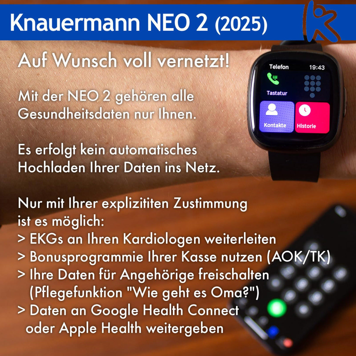 Knauermann Neo 2 (2025) – Negro Rectangular – Reloj de Salud Inteligente – ECG – Función HRV – BT Bluetooth – Apnea del sueño – Presión Arterial – Pulsera (Titanio) – Instrumento, Höhe: 42 mm, Höhe:
