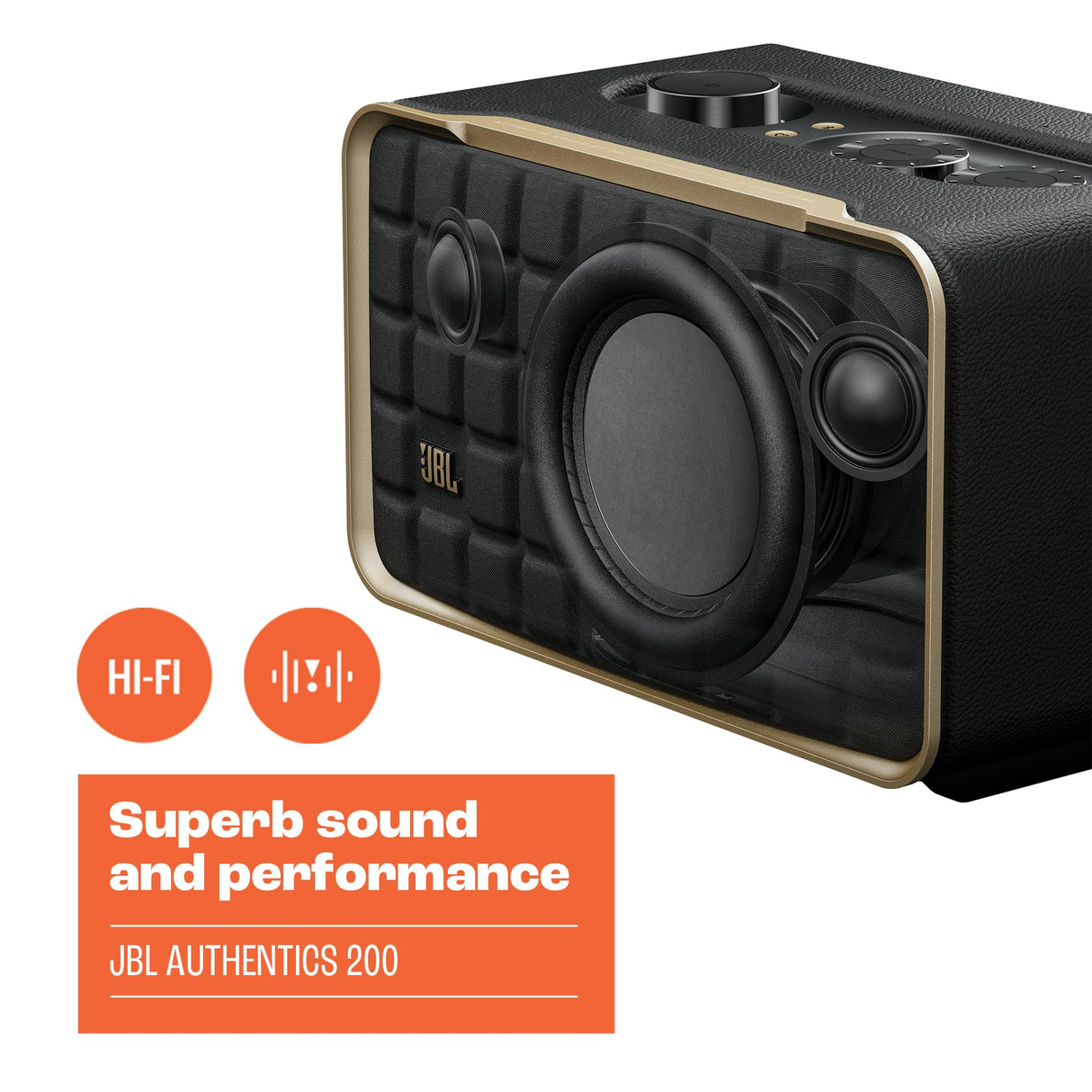 JBL Authentics 200, altavoz inteligente con tecnología Bluetooth, diseño retro, con cuadrícula gris, Wi-Fi integrado, Google Assistant, Amazon Alexa, AirPlay, JBL One App, negro