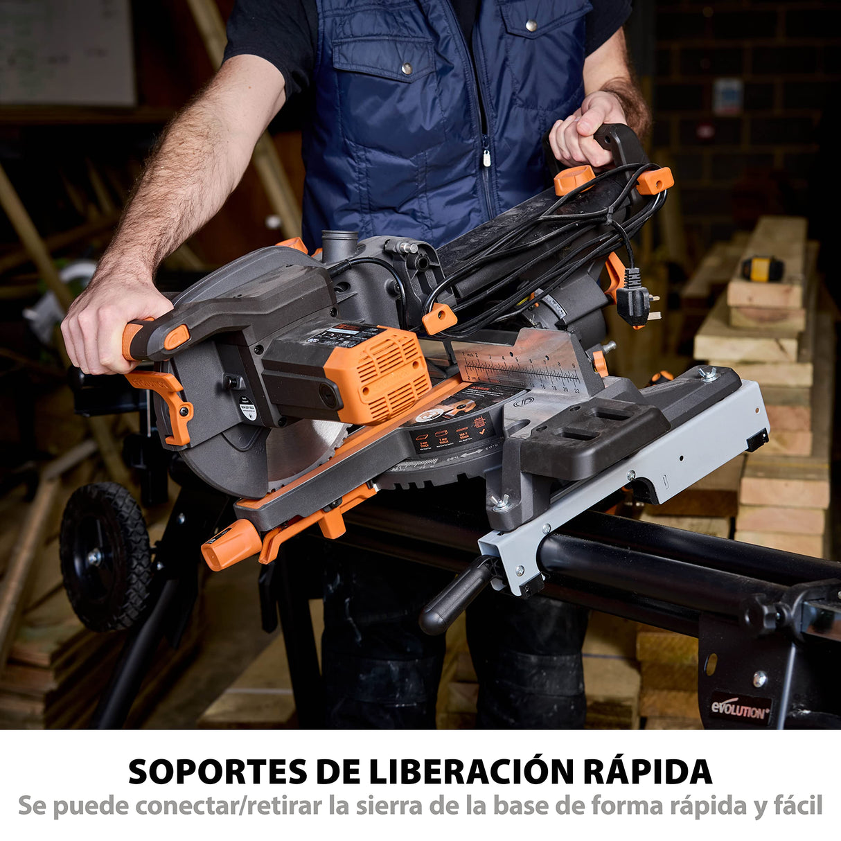 Evolution Power Tools Soporte de sierra ingletadora Plus + Universal - compatible con Evolution Makita DeWalt Bosch Ryobi Einhell y Metabo, ruedas grandes, soporta 300 kg de peso y 4 m de longitud