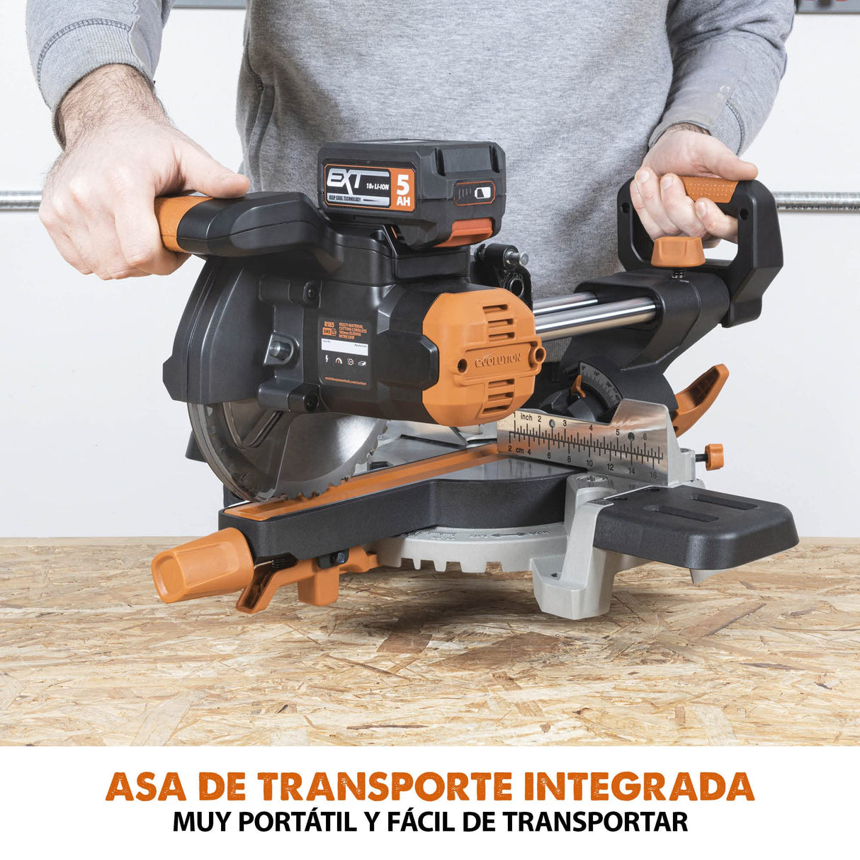 Evolution Sierra ingletadora deslizante inalámbrica R185SMS-Li de Evolution Power Tools con corte multimaterial,bisel de 45°,inglete de 50°, 850 W-Incluye batería de 4 Ah y cargador,hoja TCT de 185 mm