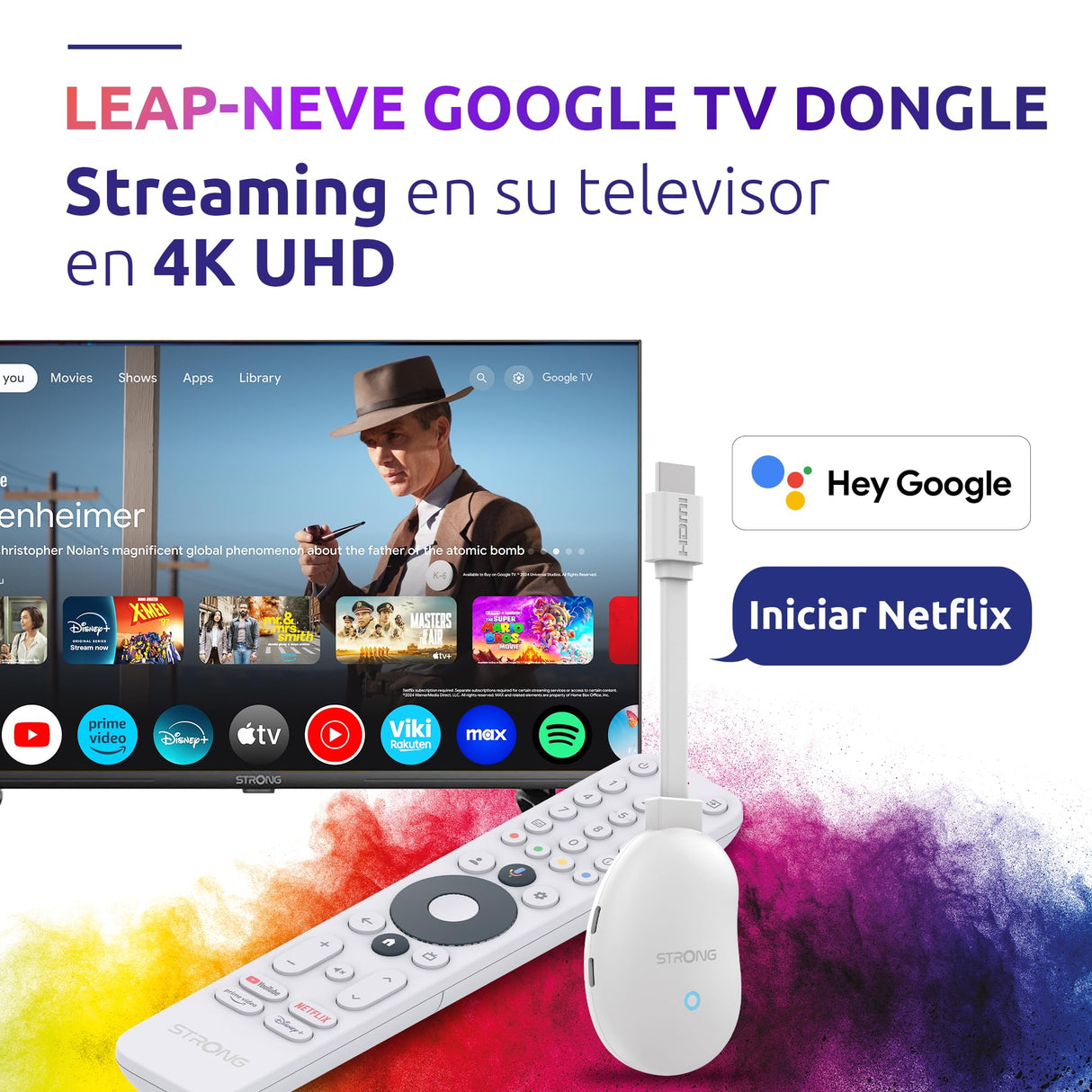 STRONG Leap-Neve Stick De Streaming Google TV 4K UHD con Puerto Ethernet, 2GB RAM + 16GB Almacenamiento, Wi-Fi 6, Android 12, Chromecast Integrado, Asistente De Google, Dolby Atmos Y Dolby Vision
