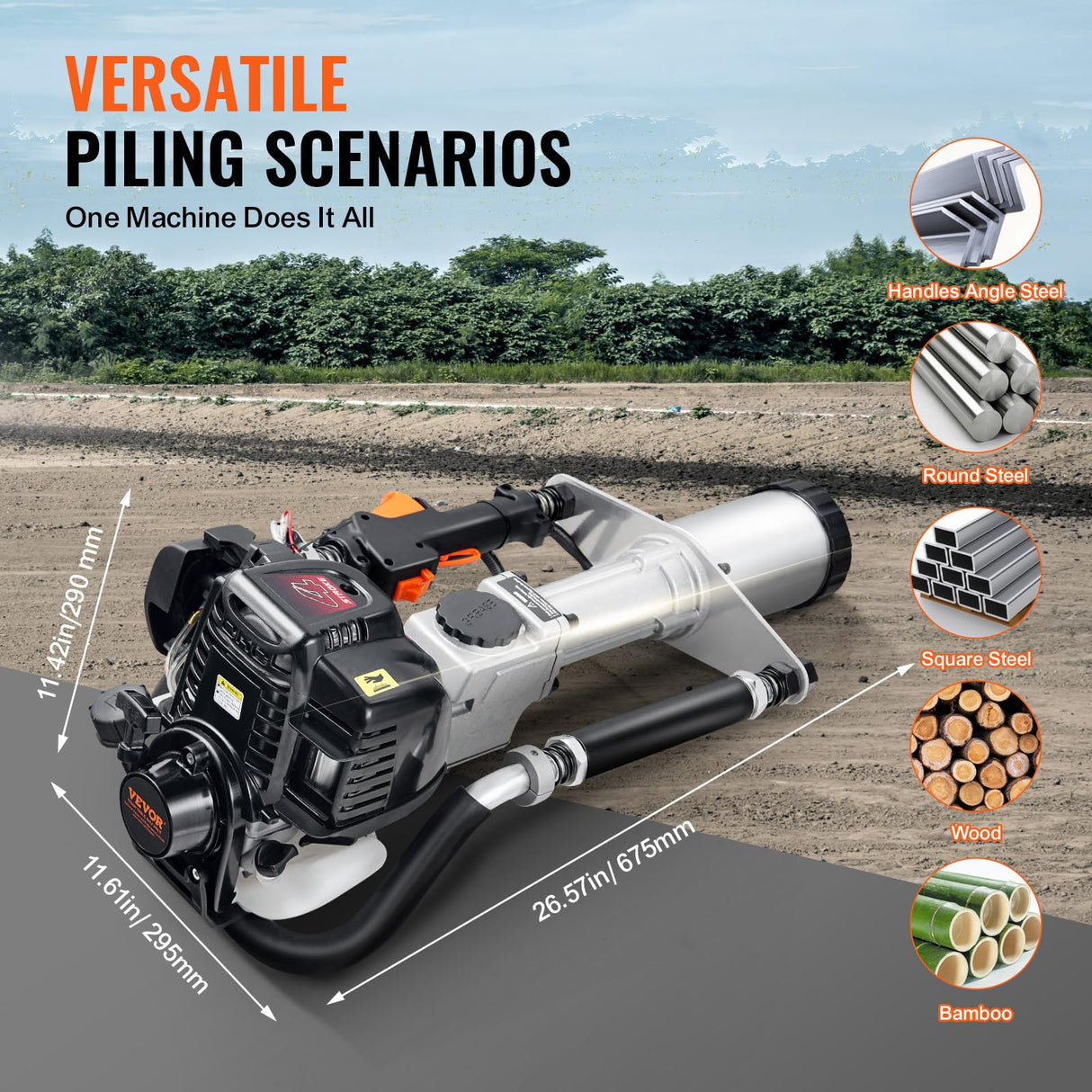 VEVOR Controlador de Postes de Gas 37,7 cc Controlador de Postes de Cerca en T Portátil de 4 Etapas 1000W con 3 Cabezales de Conducción 45/55/88mm para Cercas Agrícolas, Ranchos, Mejoras de Carreteras