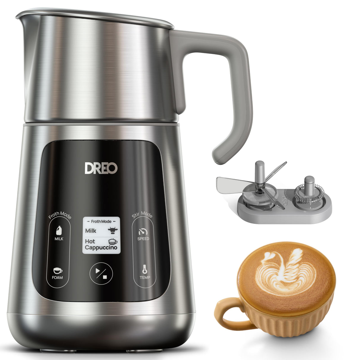 Dreo Espumador de Leche Todo en Uno, Creador de Espuma Automático para Microespuma de Nivel de Arte en Latte y Café Caliente/Frío, Calentador de Leche Eléctrico de 27oz/800ml con más de 30 Bebidas