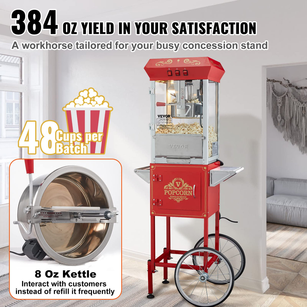VEVOR Máquina para Hacer Palomitas de Maíz con Carrito, 850 W, Hervidor de 8 oz Que Prepara 48 Tazas por Tanda, con Vidrio Templado, Incluye 4 Palas, Estilo Cine, Color Rojo, 610 x 410 x 1395 mm