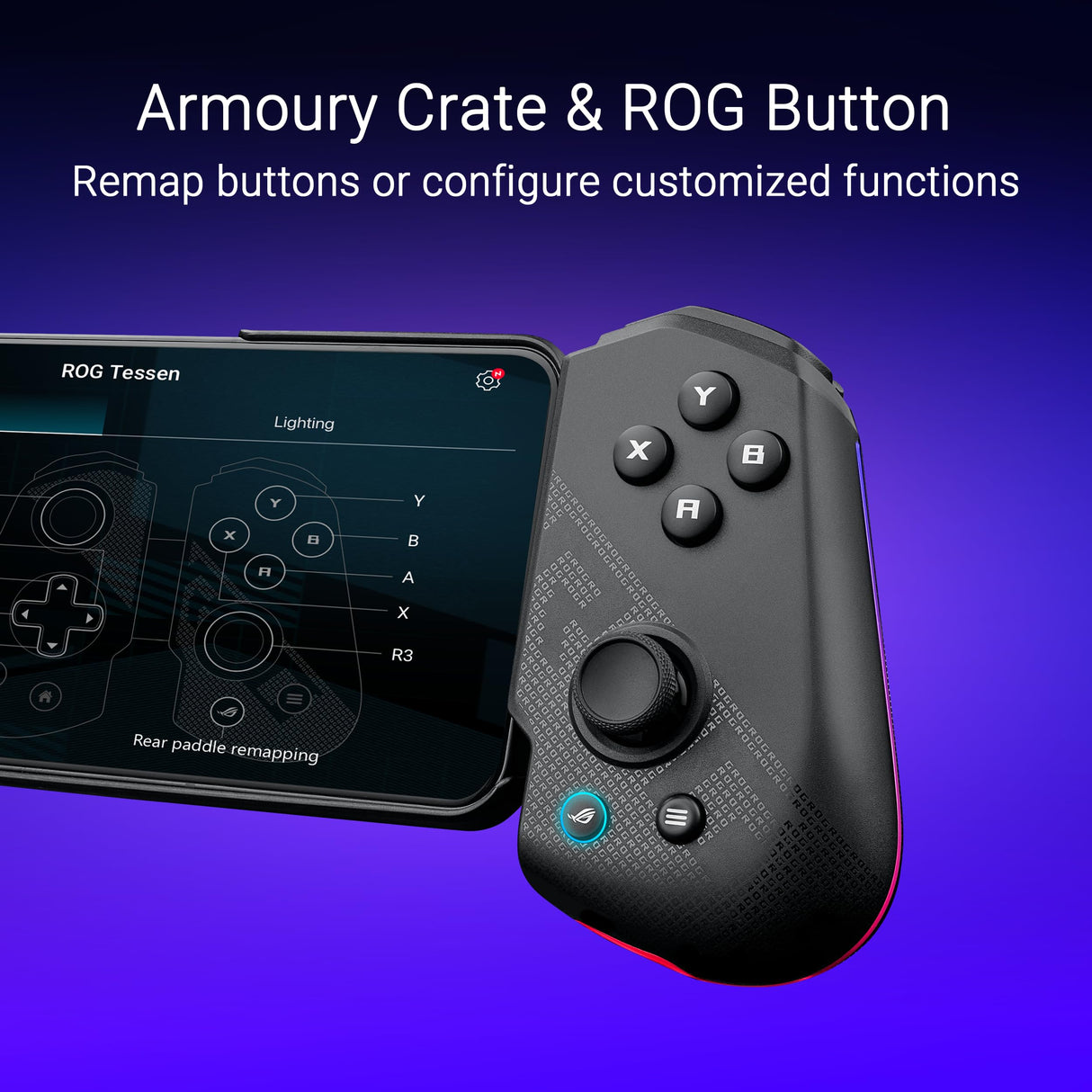 ASUS ROG Tessen - Controlador Gaming para móviles Android, diseño plegable, palancas traseras de aluminio programables, ROG Button, interruptores mecánicos, USB-C de 18 vatios y Aura RGB