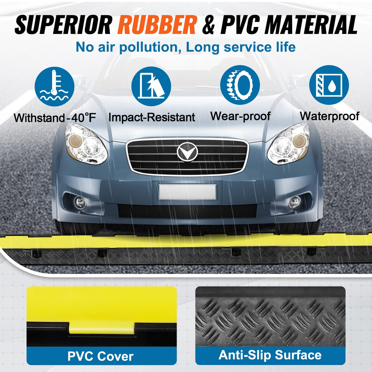 VEVOR Rampa de Protección de Cable 3 Piezas 2 Vías Canaleta Pasacables de Suelo 3 x 3 cm Protector de Cables de Caucho y PVC Capacidad de Carga 5443 kg Cubiertas de Suelo para Cables Negro y Amarillo